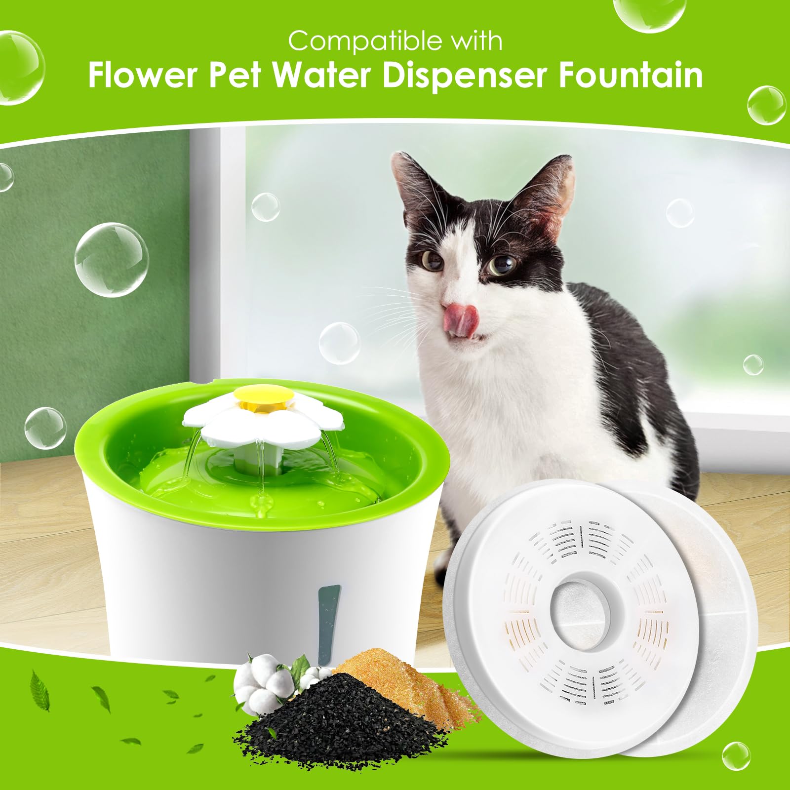 Cat Water Fountain Filters, 6 Pack Triple Action Water Fountain Filters, Replacement Cat Drinking Fountain Filters, Activated Carbon Filter Compatible With 3L Flower Pet Water Dispenser Fountain