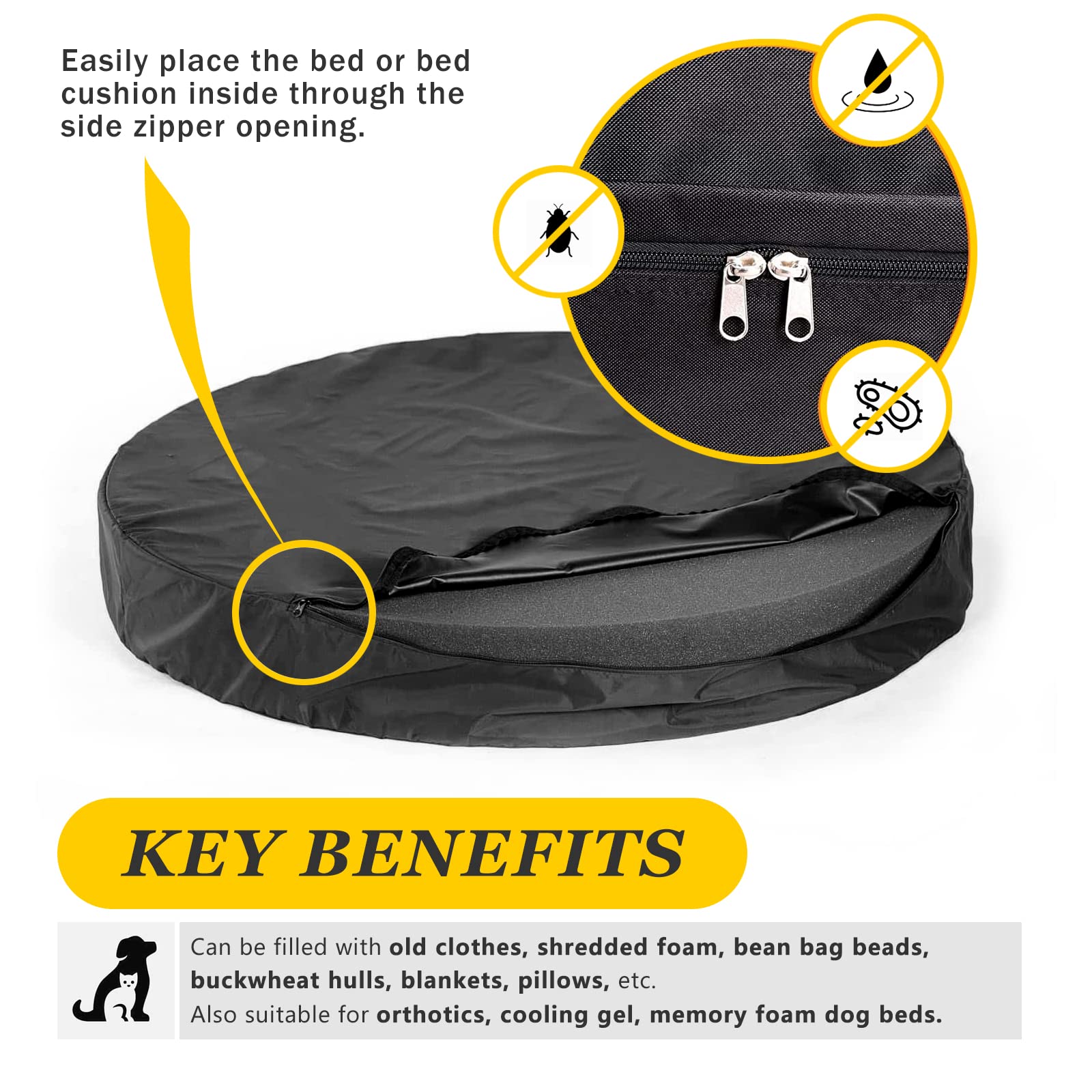 Selugove Round Dog Bed Replacement Cover 36D ?4H Inches Washable Black Thickened Waterproof Oxford Fabric With Handle And Zipper Reusable Dog Bed Liner For Small To Medium 25-35 Lbs Puppy