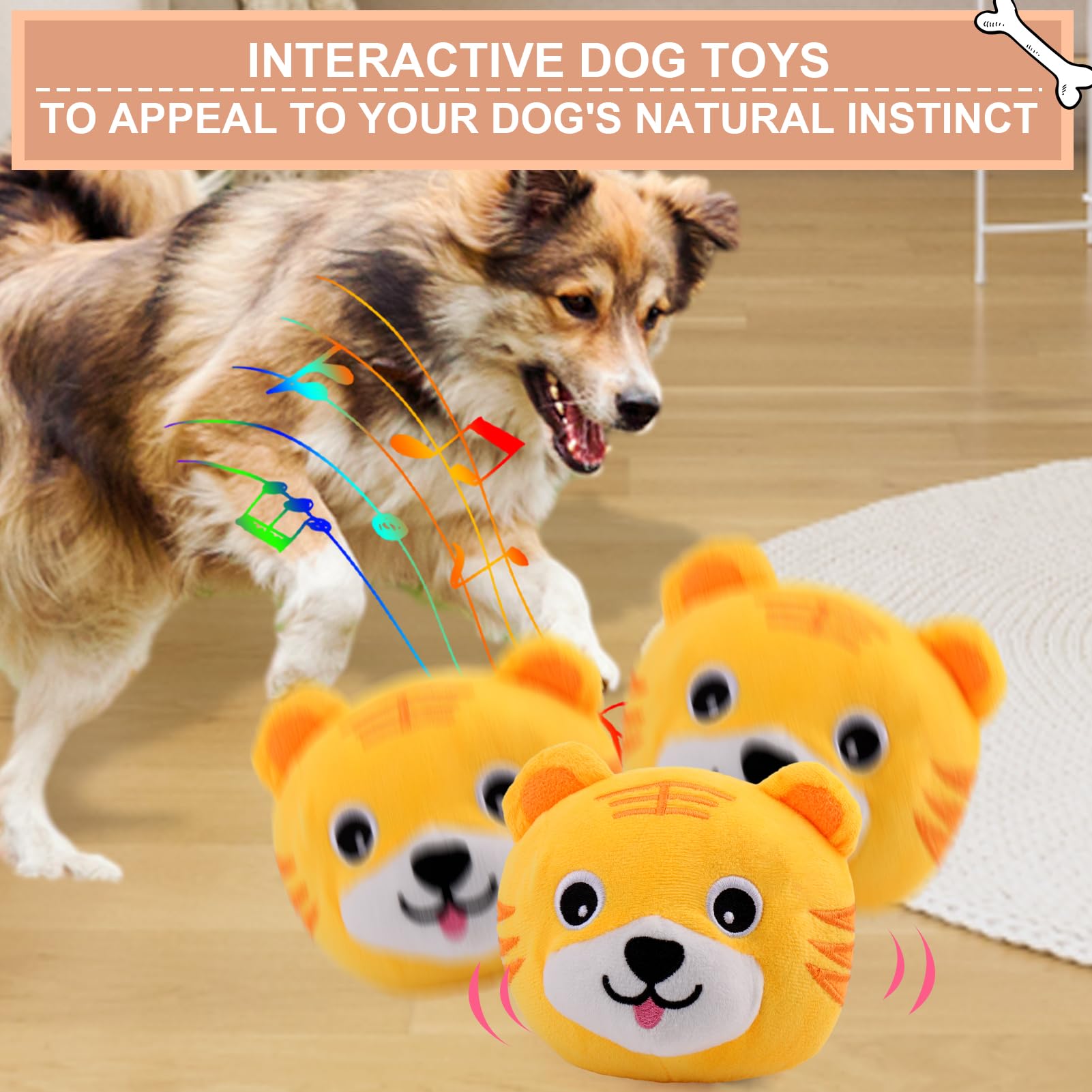 Baborui Interactive Dog Toys Tiger, Jumping Squeaky Dog Toys With Recording And Music Modes, Rechargeable Moving Dog Chew Toys F