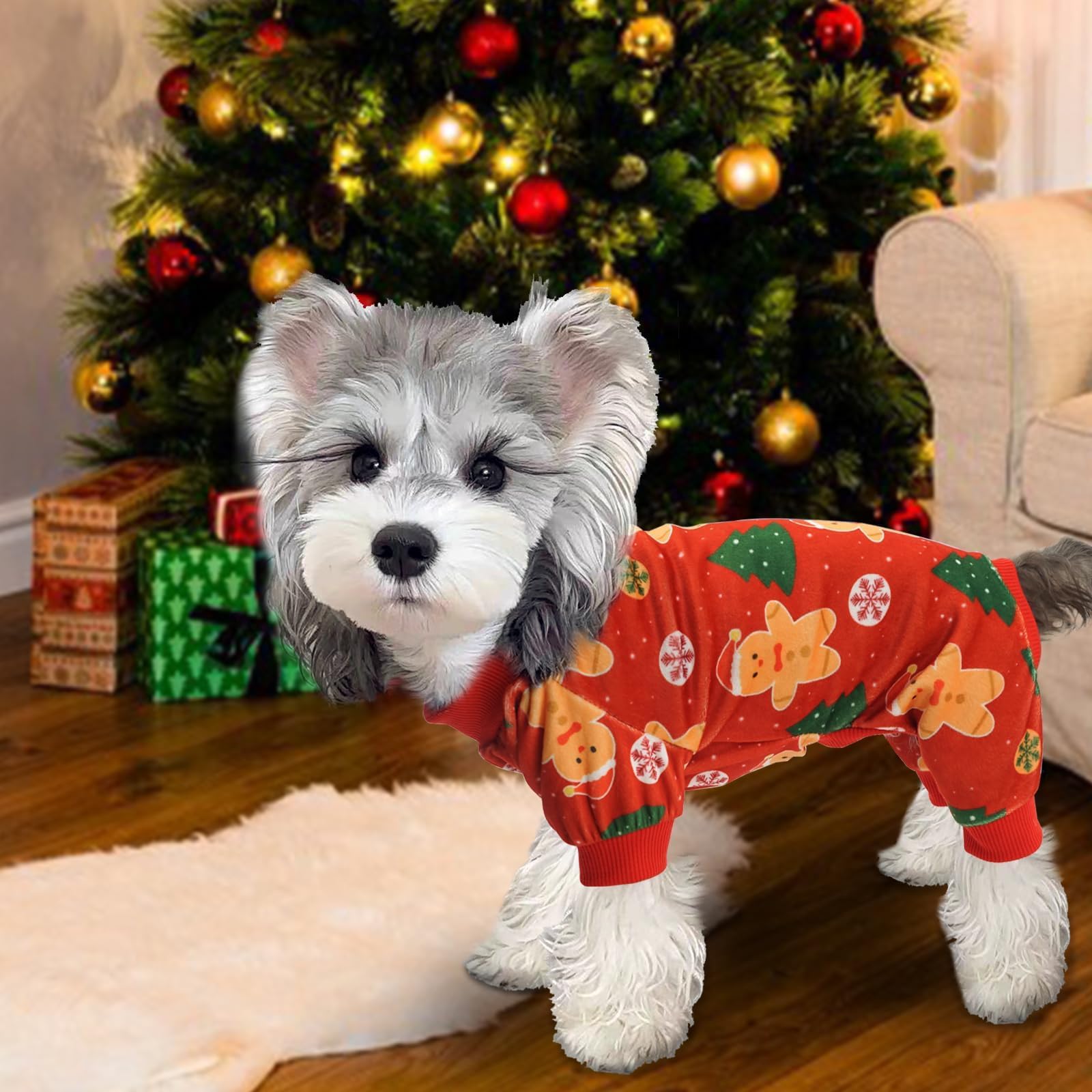 Xpudac 4 Piece Dog Christmas Outfit Pajamas Santa Claus Pet Clothes Cute Snowman Dog Pajamas Costumes For Dogs Girl Boy, Red Green Large
