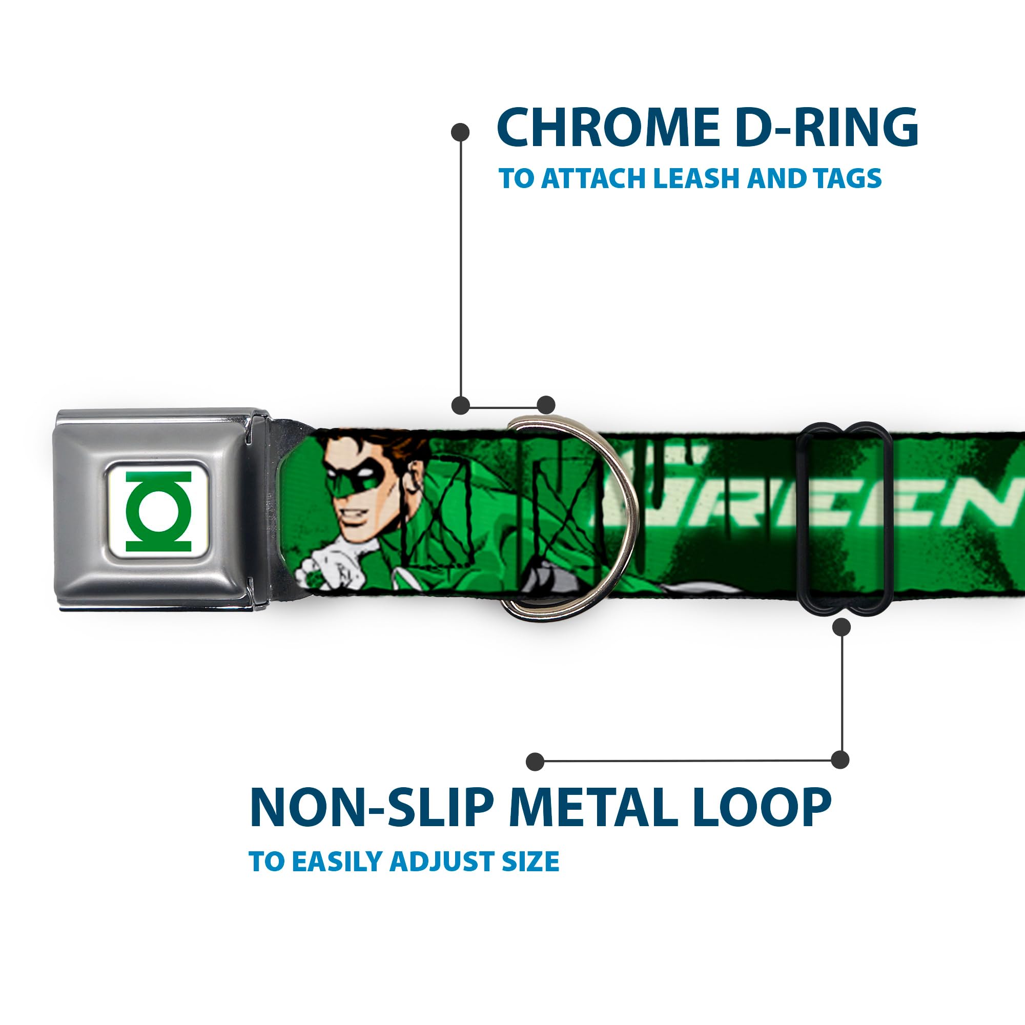 Buckle-Down Seatbelt Buckle Dog Collar - Green Lantern Green Glow W/Text - 1' Wide - Fits 15-26' Neck - Large
