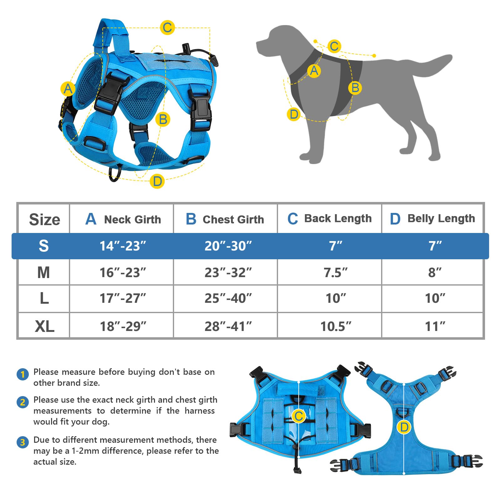 Wingoin Blue Tactical Dog Harness For Medium Small Dogs No Pull Adjustable Pet Harness With Handle Reflective K9 Military Service Dog Vest For Walking Hiking Training (S)