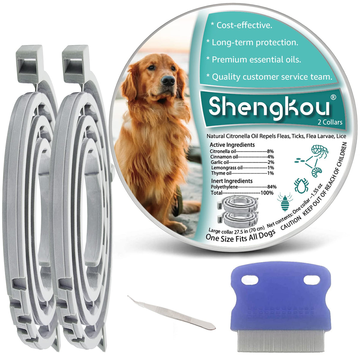 Flea And Tick Collar For Large Dog, Safe, Waterproof, Free Comb, Charity 2 Packs