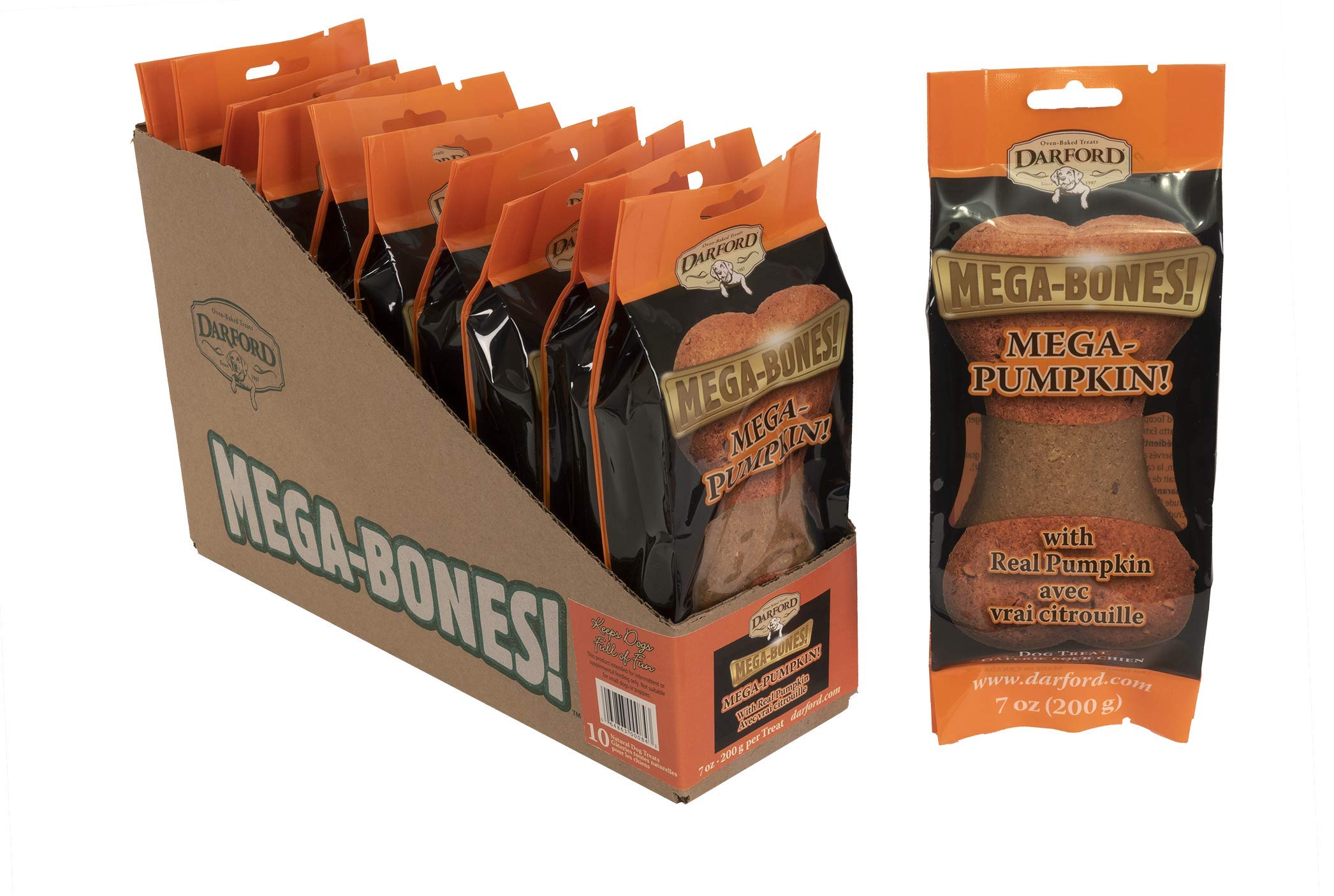 Darford Mega Bone Dog Treats - Pumpkin Flavor - 10 Pack Large 7oz Bones - Natural Crunchy Biscuits - No Corn, Soy, or Meat by-Pr