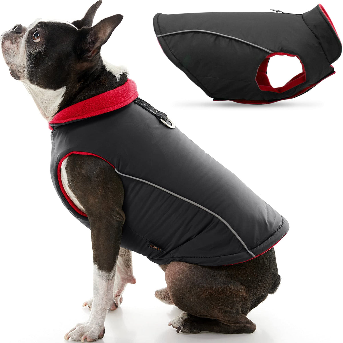 Gooby Sports Vest Dog Jacket - Black, Medium - Reflective Dog Vest With D Ring Leash - Warm Fleece Lined Small Dog Sweater, Hook And Loop Closure - Dog Clothes For Small Dogs Boy Or Girl Dog Sweater