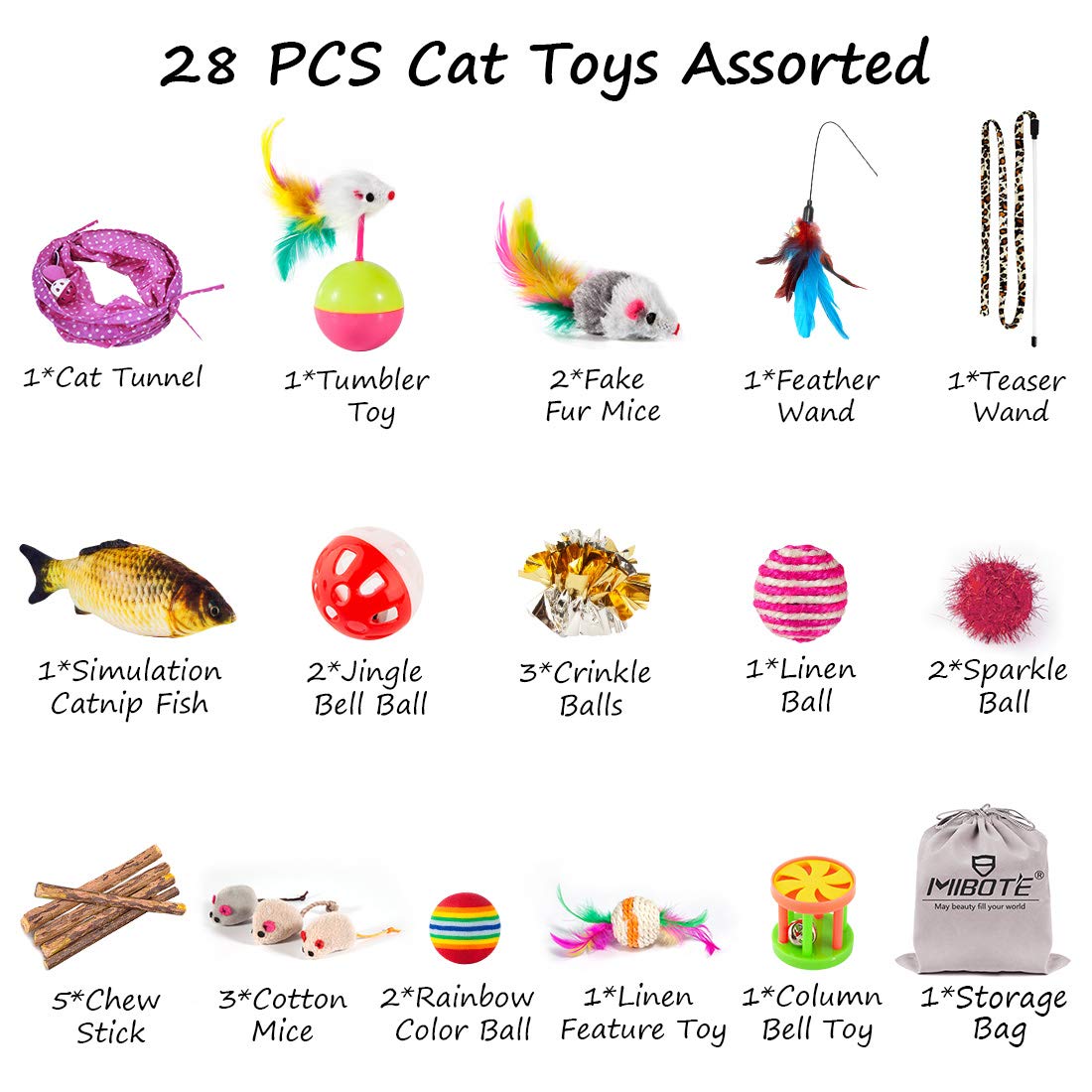 Mibote 28Pcs Cat Toys Kitten Toys Assorted, Cat Tunnel Catnip Fish Feather Teaser Wand Fish Fluffy Mouse Mice Balls And Bells Toys For Indoor Cat Puppy Kitty Interactive Cat Toy Set