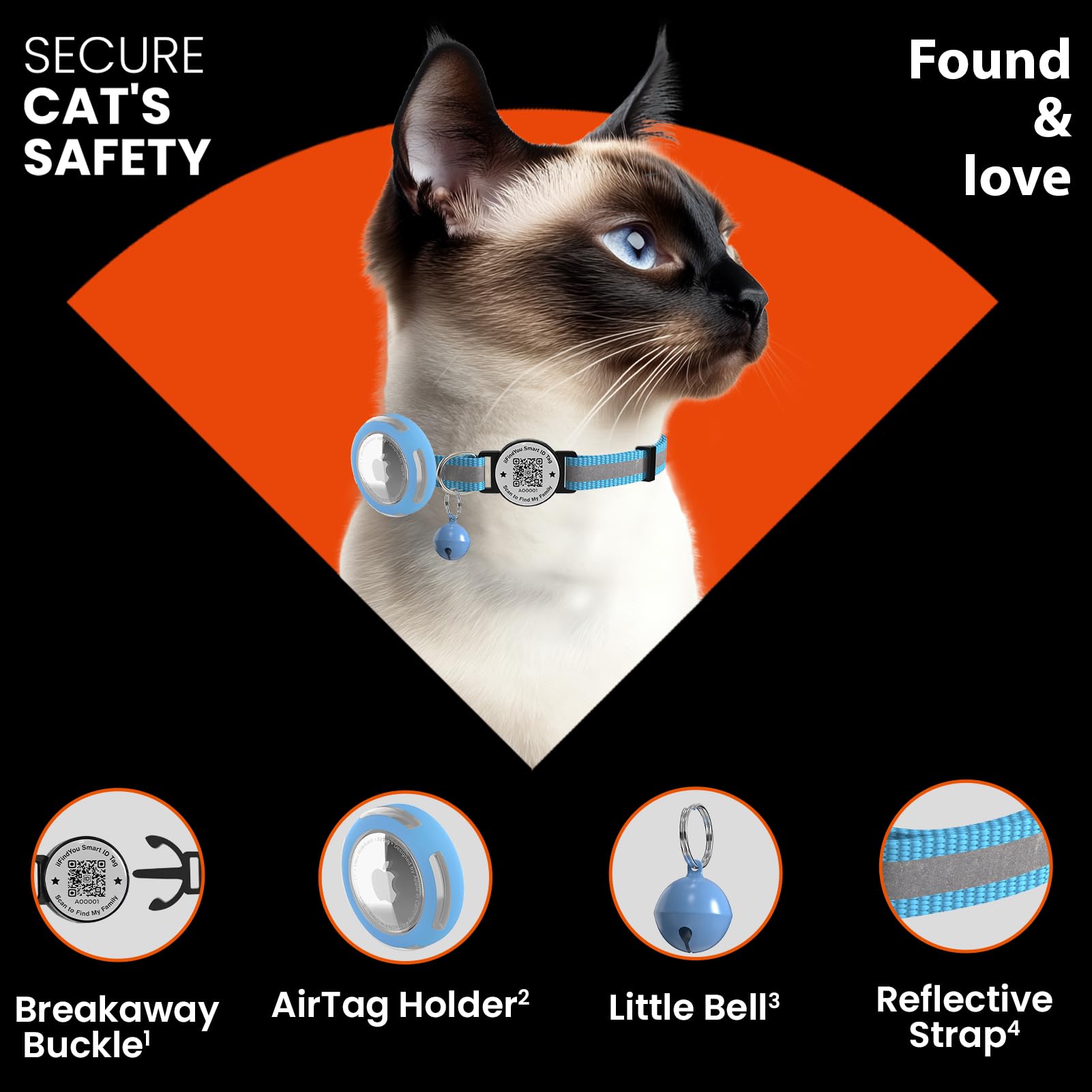 Ilfindyou Waterproof Airtag Cat Collar Breakaway, Reflective Cat Collars With Apple Airtag Holder And Qr Code, Adjustable Gps Tr