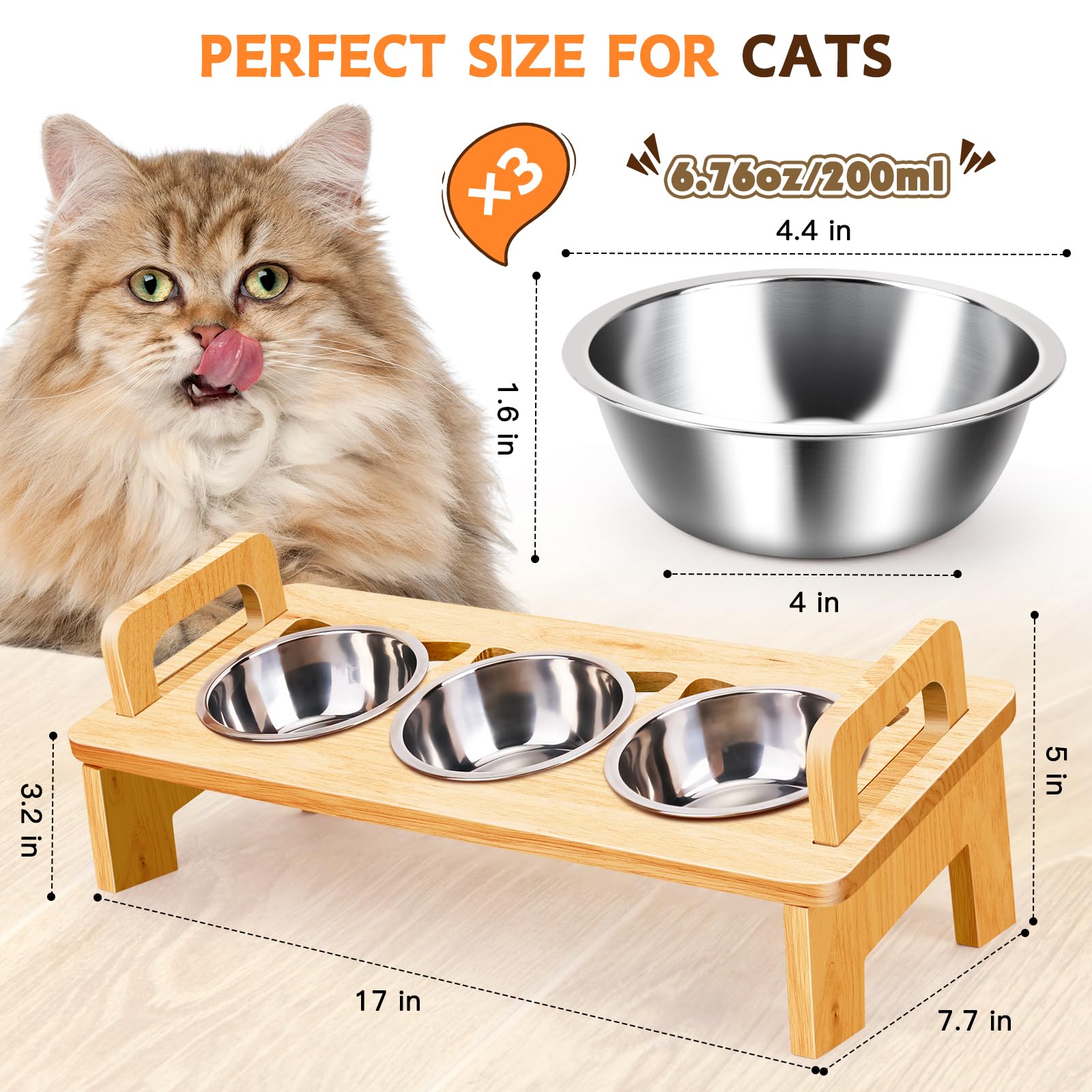 Woodever Elevated Cat Bowls Set - 3 Stainless Steel Raised Feeding Bowls, 15° Tilt, Natural Wood Finish, Anti-Vomiting, Dishwasher Safe