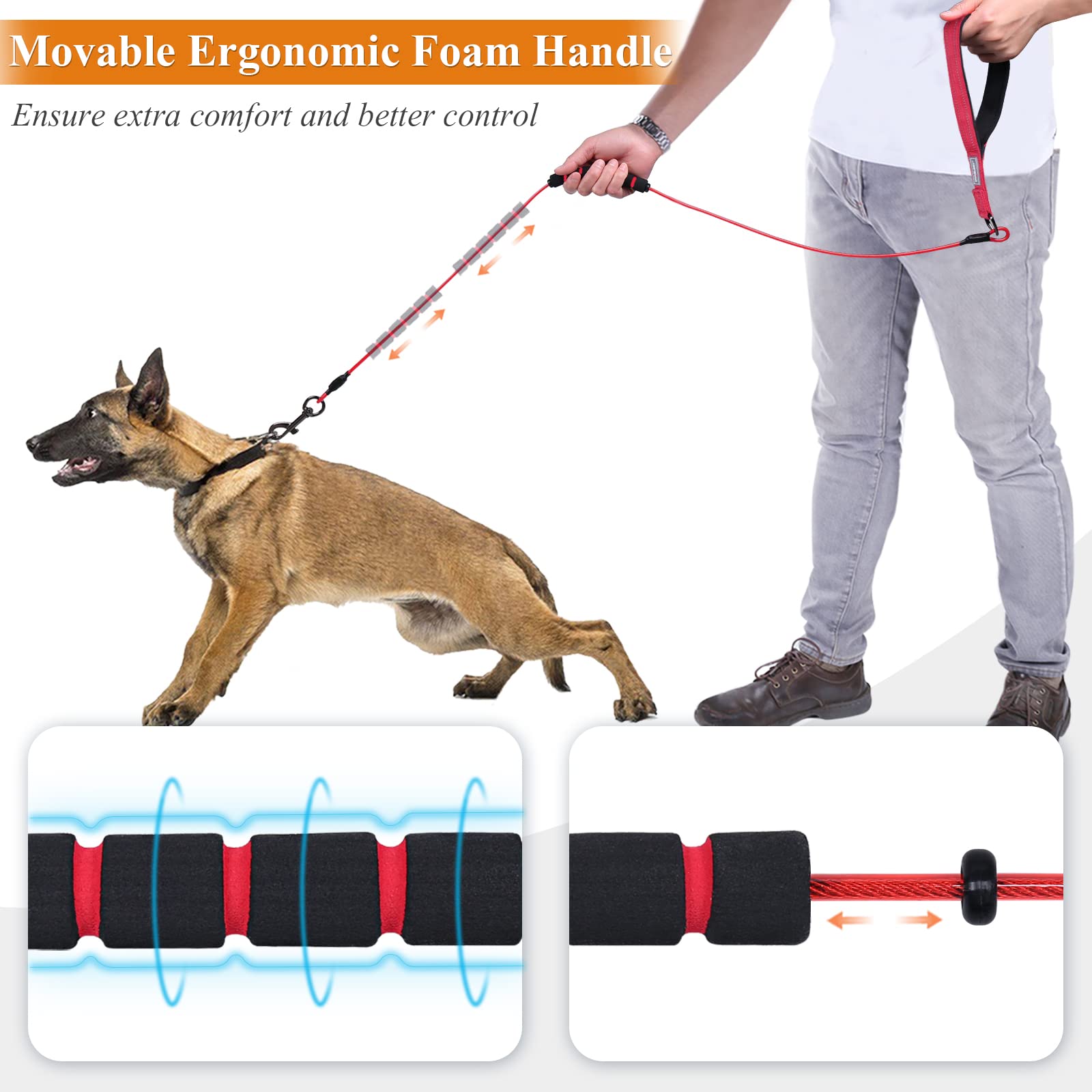 6Ft Chew Proof Dog Leash With Soft Foam And Reflective Padded Handle, Waterproof Vinyl Coated Steel Cable Chew-Resistant Metal Lead For Small Large Dogs, Red