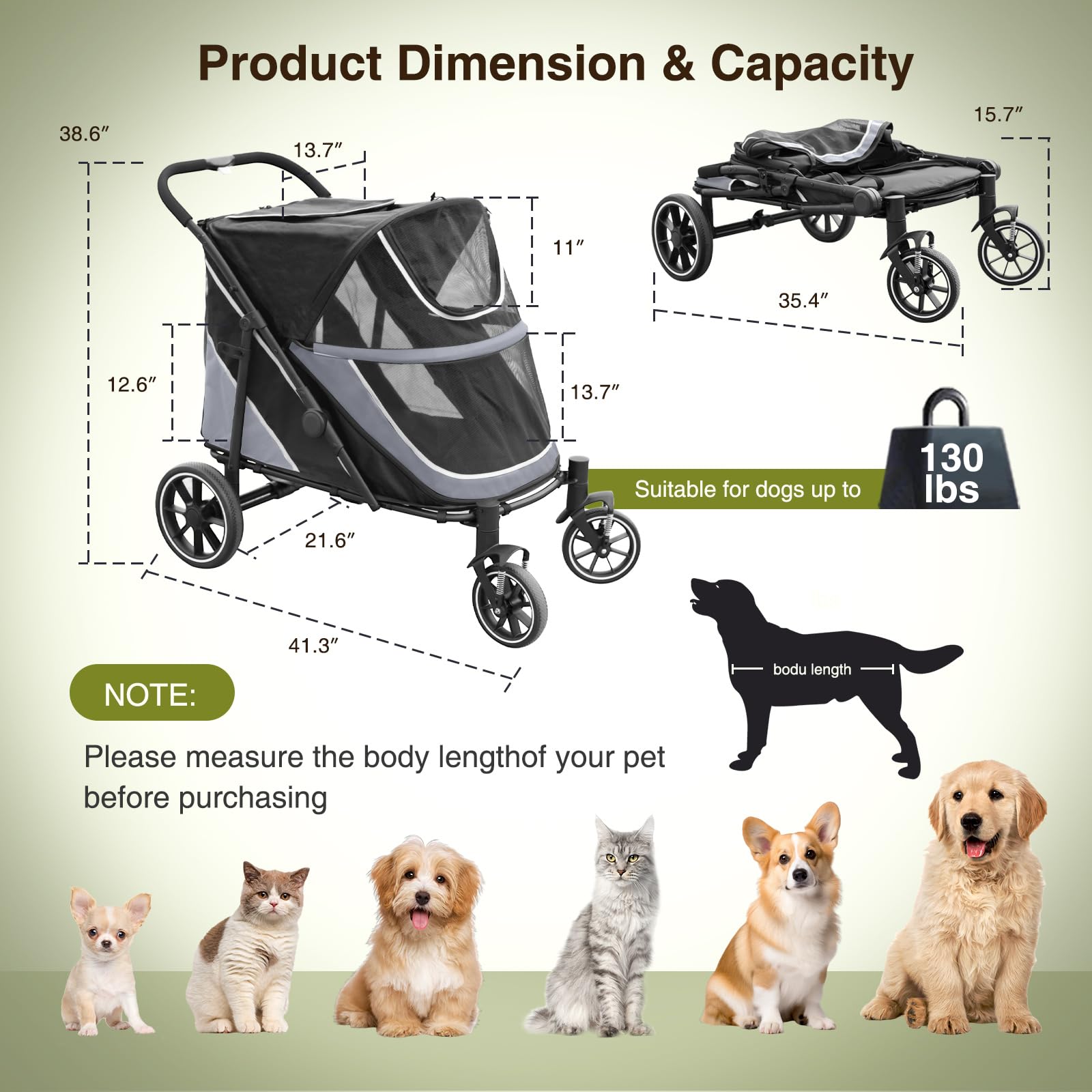 Dog Stroller For Medium/Large Dogs One-Click Folding, Extra Large Pet Stroller For 2 Dogs With Storage Pocket & Shock Absorption