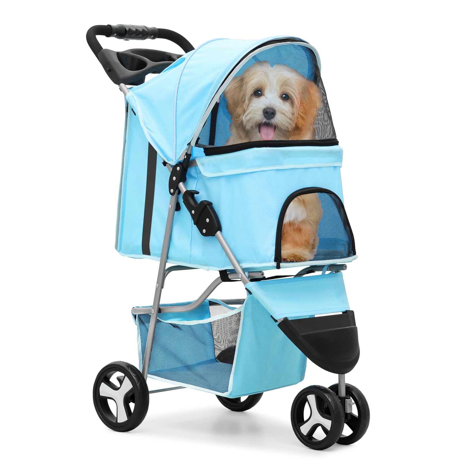 Monibloom 3 Wheels Pet Dog Cat Stroller For Small Medium Dogs Cats, Lightweight Foldable Jogger Stroller W/Storage Basket And Cu