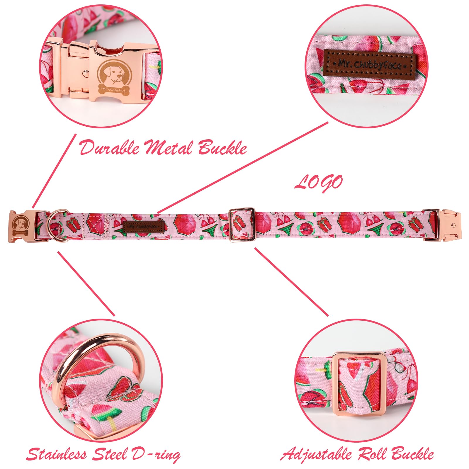 Mr. Chubbyface Spring Summer Dog Collar, Cute Pink Beach Bikini Dog Collar, Durable Soft Pet Collar For Small Medium Large Dogs