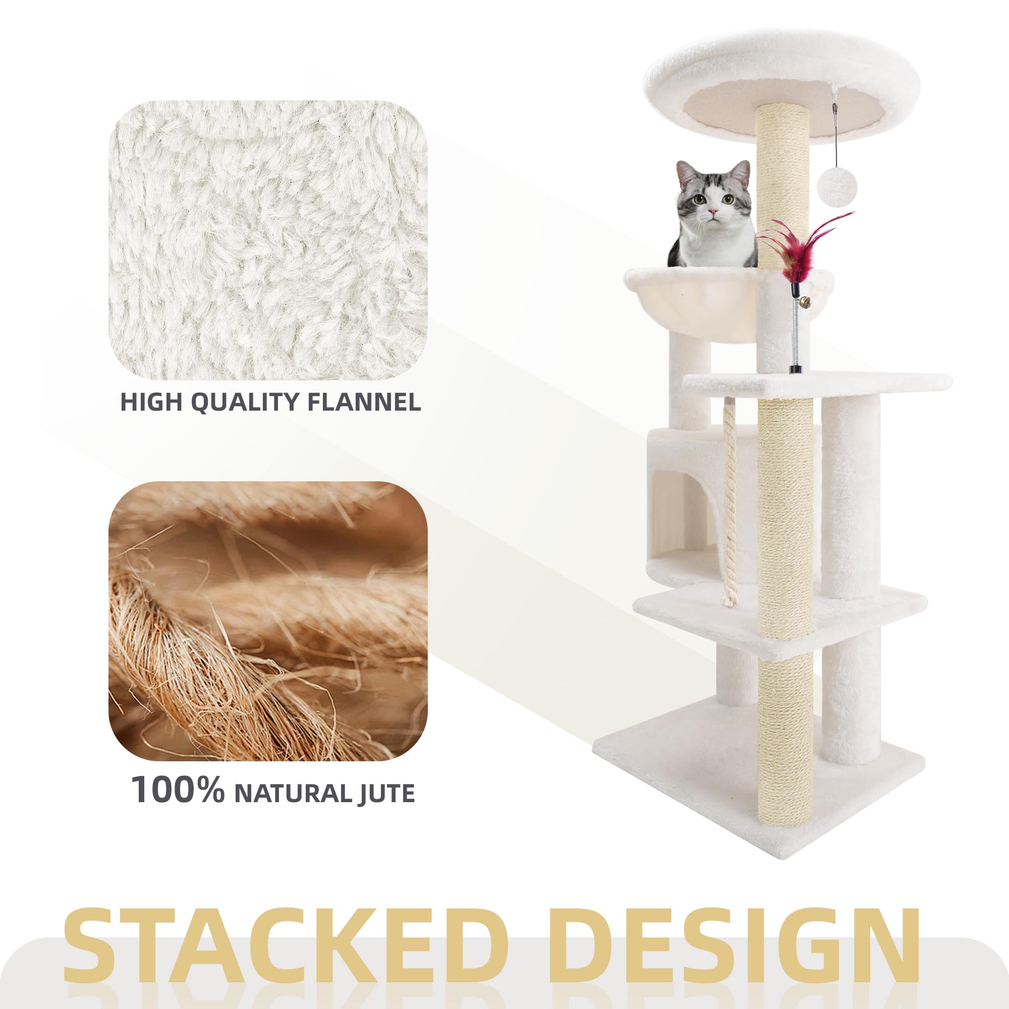 Twdepart 42.5'' Cat Tree For Indor Cats, Multifunctional Cat Tower With Cozy Condo, Perches, Scratching Posts And Hammock, Beige