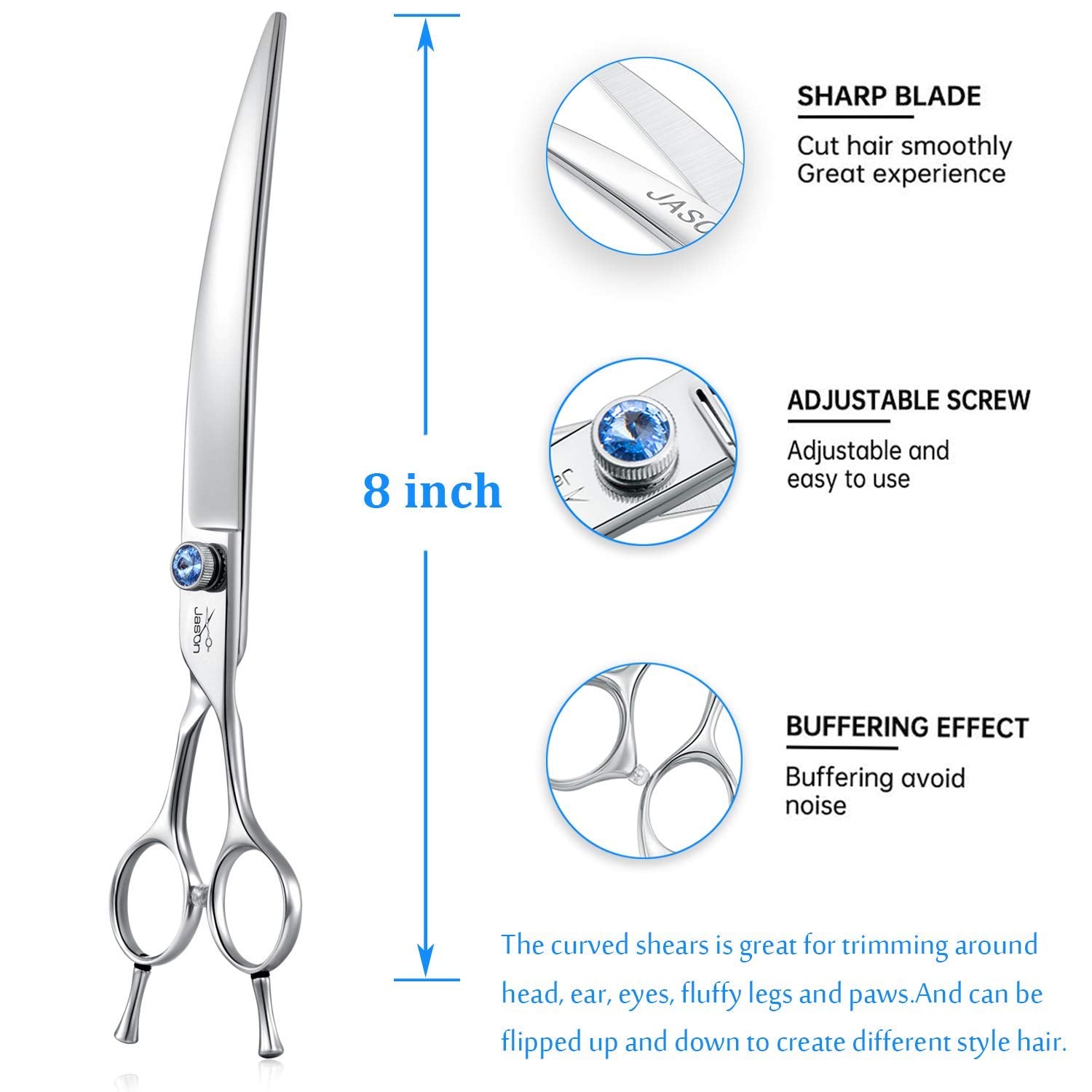 8' Curved Dog Grooming Scissors Ergonomic Pets Cats Trimming Shears With Offset Handle And A Jewelled Screw For Right Handed Groomers Long Sharp Comfortable Light-Weight