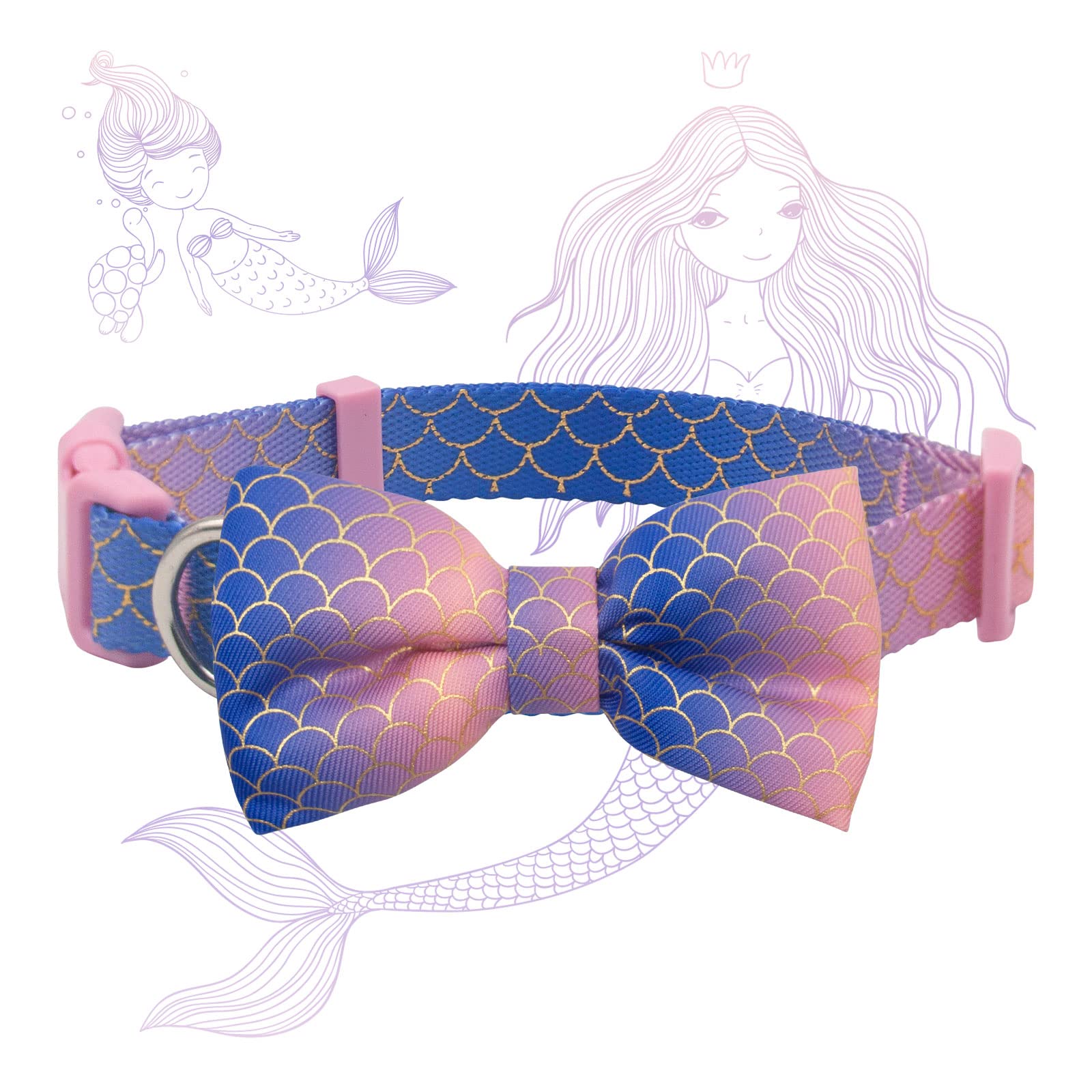 Azuza Bowtie Dog Collar Mermaid, Soft & Comfy Dog Collar With Removable Bow Gradient Color Size Adjustable Dog Collars For Small