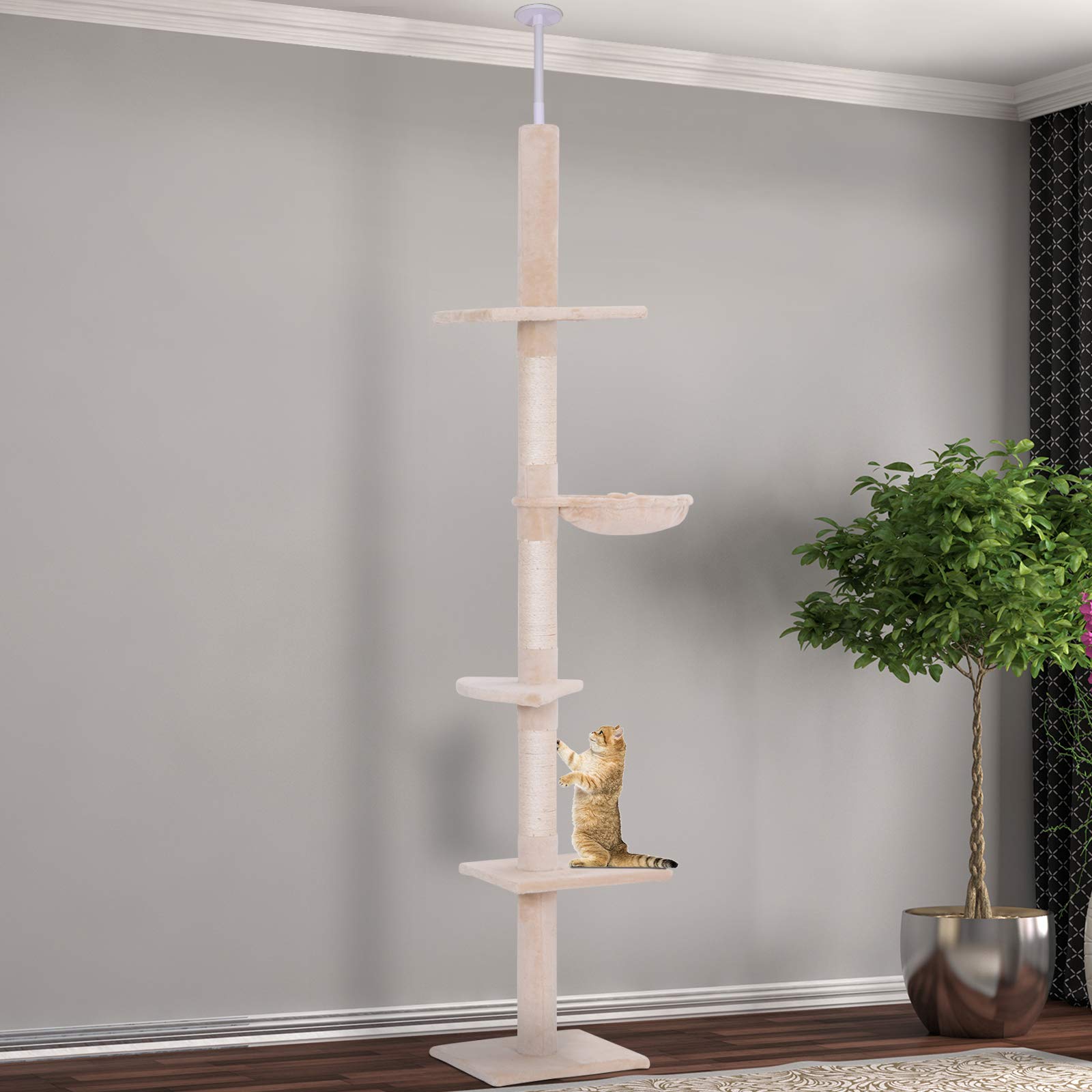 Pawhut 8.5' Adjustable Height Floor-To-Ceiling Vertical Cat Tree, Beige And White