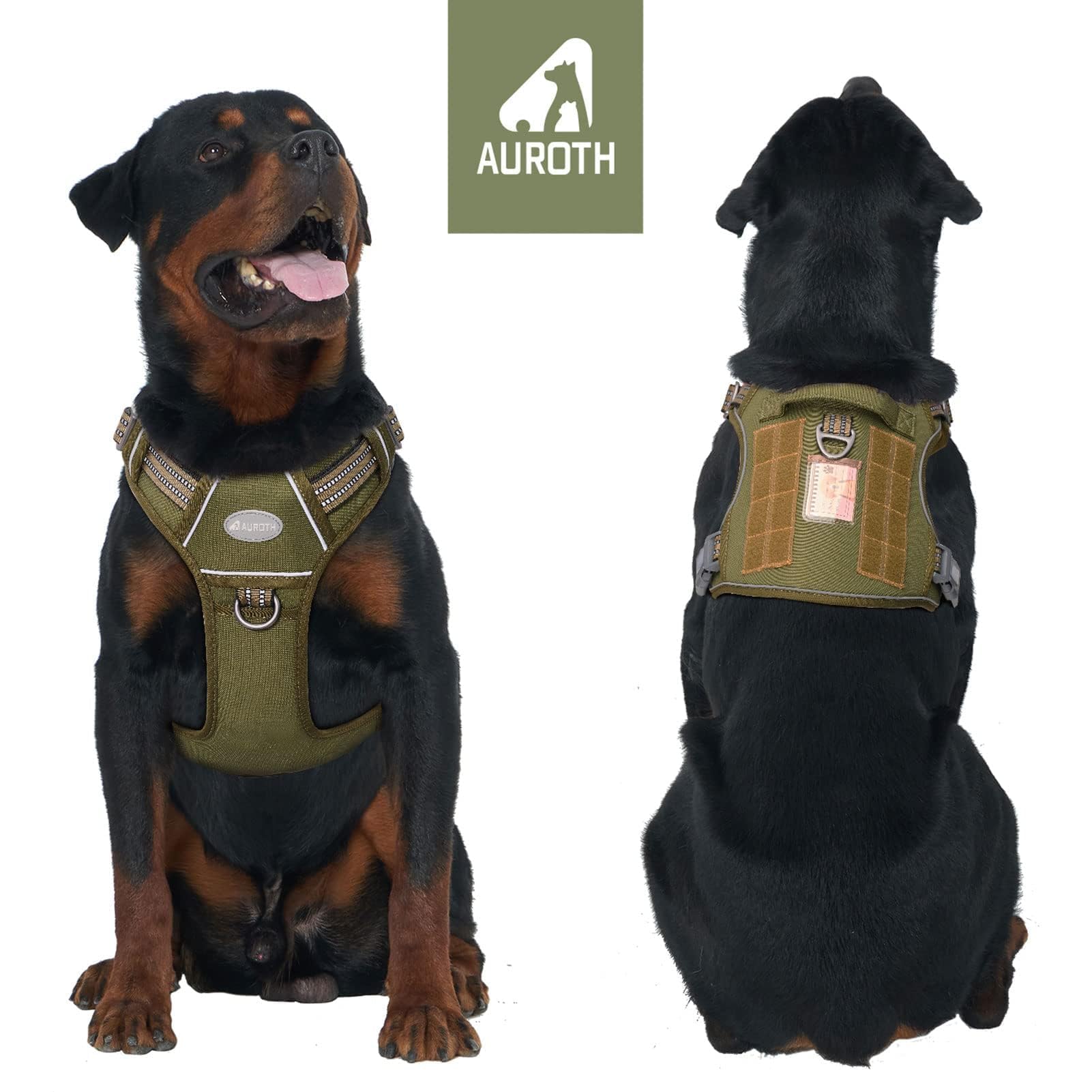 Auroth Tactical Dog Harness For Small Medium Large Dogs No Pull Adjustable Pet Harness Reflective K9 Working Training Easy Control Pet Vest Military Service Dog Harnesses L,Green