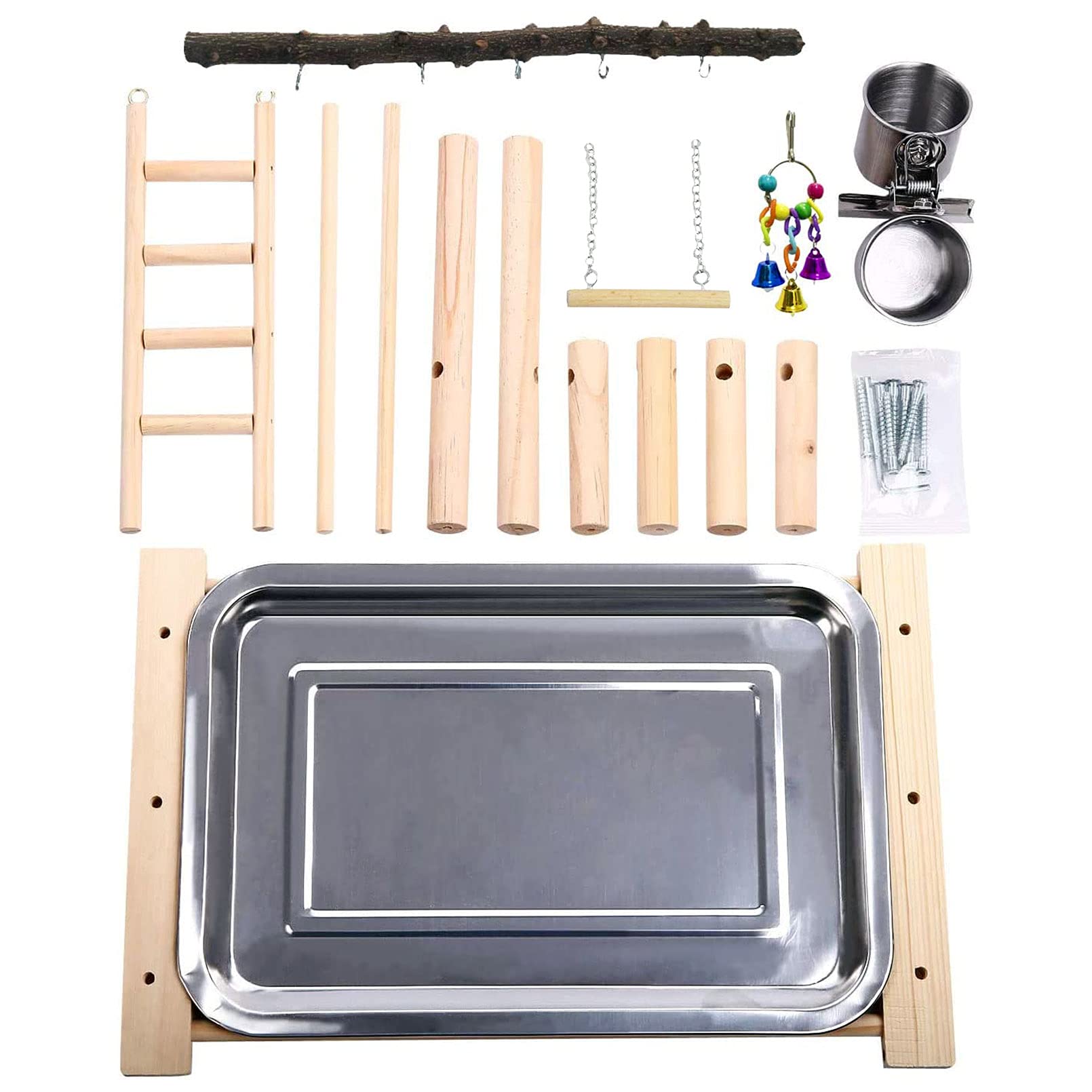 Kathson Parrots Playground Bird Perch Wood Playstand Stand With Ladder Swing Feeder Cups Chew Toy For Parakeet Conure Cockatiel Budgie Lovebird Finch Small Birds