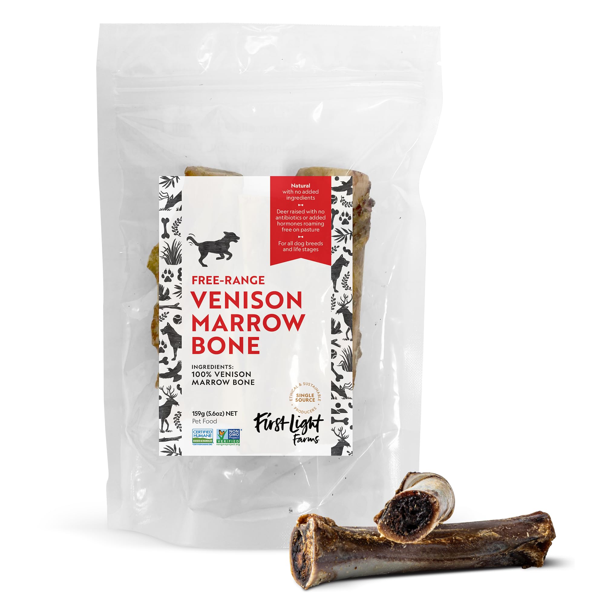 First Light Farms Venison Marrow Bones for Dogs | Long Lasting Chews | 3 Pack Natural Dog Chews for Teeth, Joint Health, and Men