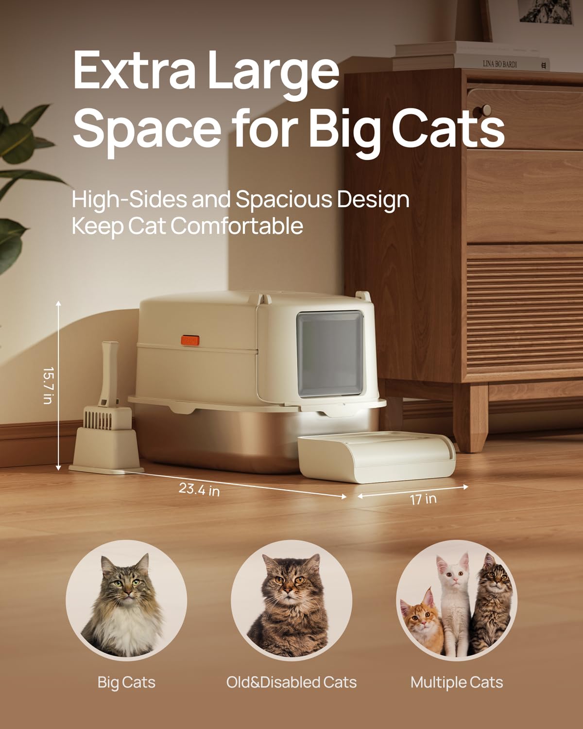 Furkid Stainless Steel Cat Litter Box With Lid, Xl Extra Large Litter Box For Big Cats, Enclosed Metal Kitty Litter Box With Hig