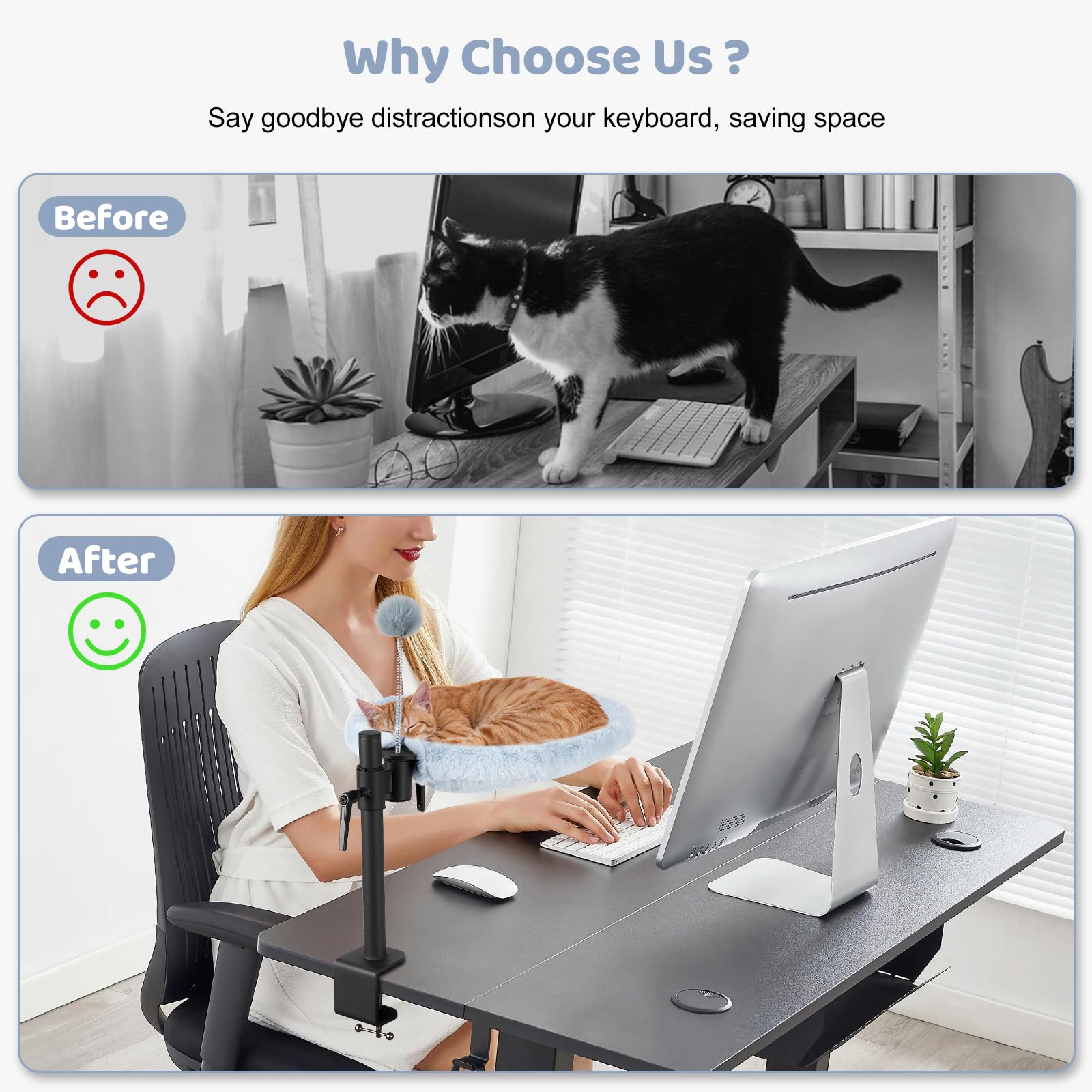 Odoland Cat Desk Bed - Summer Winter Mattresses Adjustable Height Desktop Kitten Bed Deskside Dreamer Indoor Cats Hammock With M