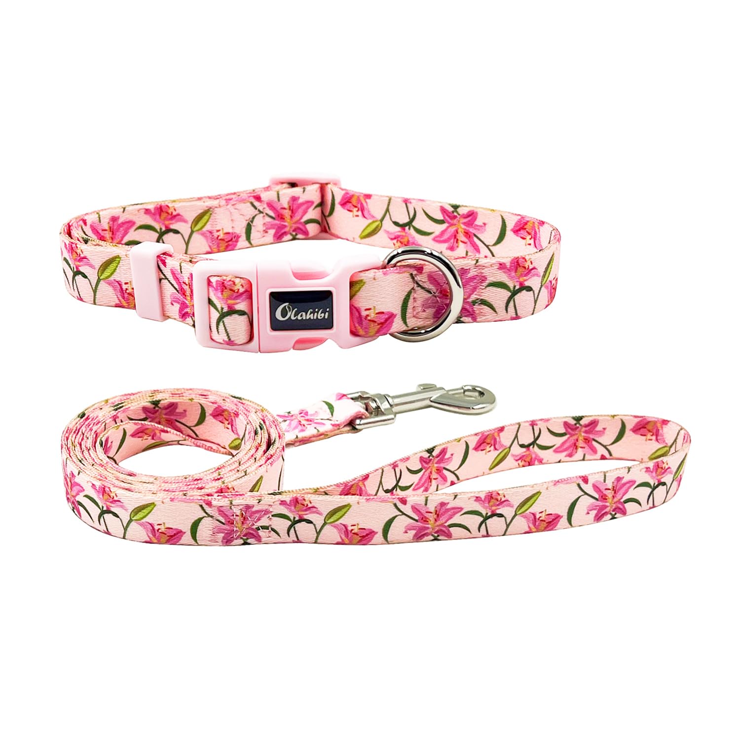Olahibi Dog Collar And Leash Set, Lily Floral Pattern, Polyester Material, 5Ft Leash, For Small Dogs.(S, Pink Lily)