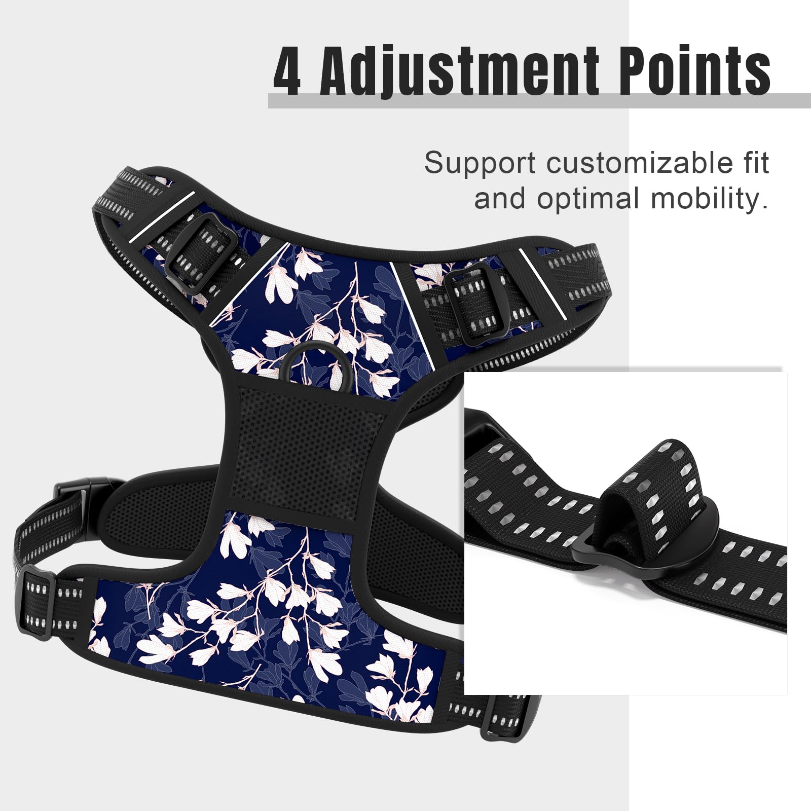 Rnivvi No Pull Dog Harness, Cute Flower Reflective Medium Sized Puppy Harness, Adjustable Soft Padded Vest for Medium Dogs, Heav