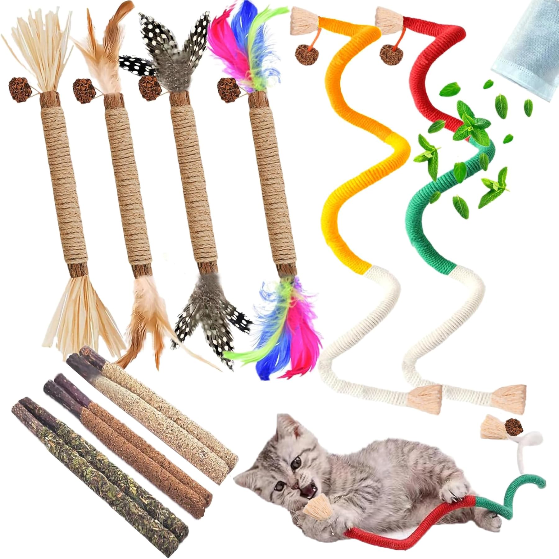 NSWXZDS Cat Toys for Indoor Cats 12pcs Kitten Chew Self Play Kitty Dental Rope Interactive Catnip Toy Refillable Matatabi Treats