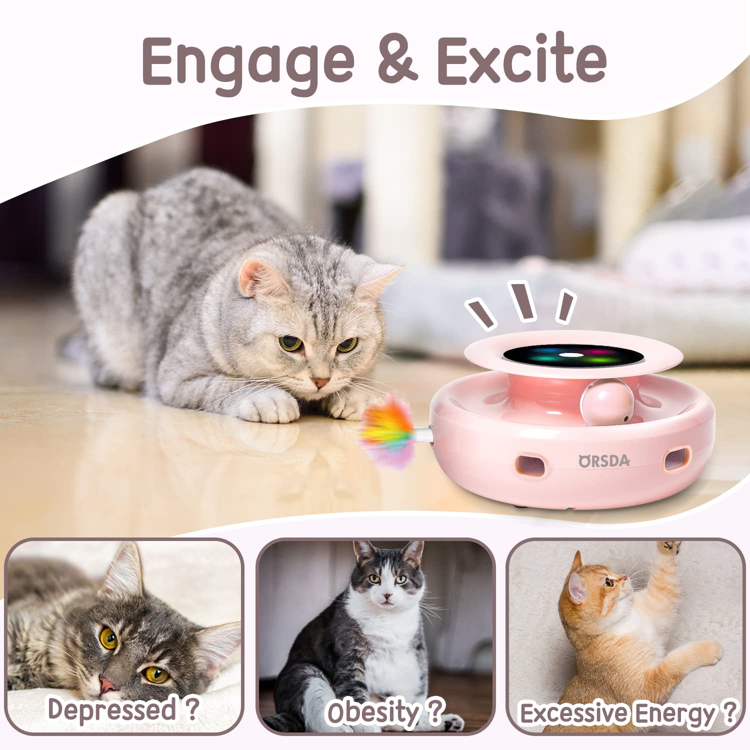ORSDA Cat Toys 2-in-1 Interactive Cat Toys for Indoor Cats, Automatic Cat Toy Balls, Ambush Feather Kitten Toys with 6pcs Attach