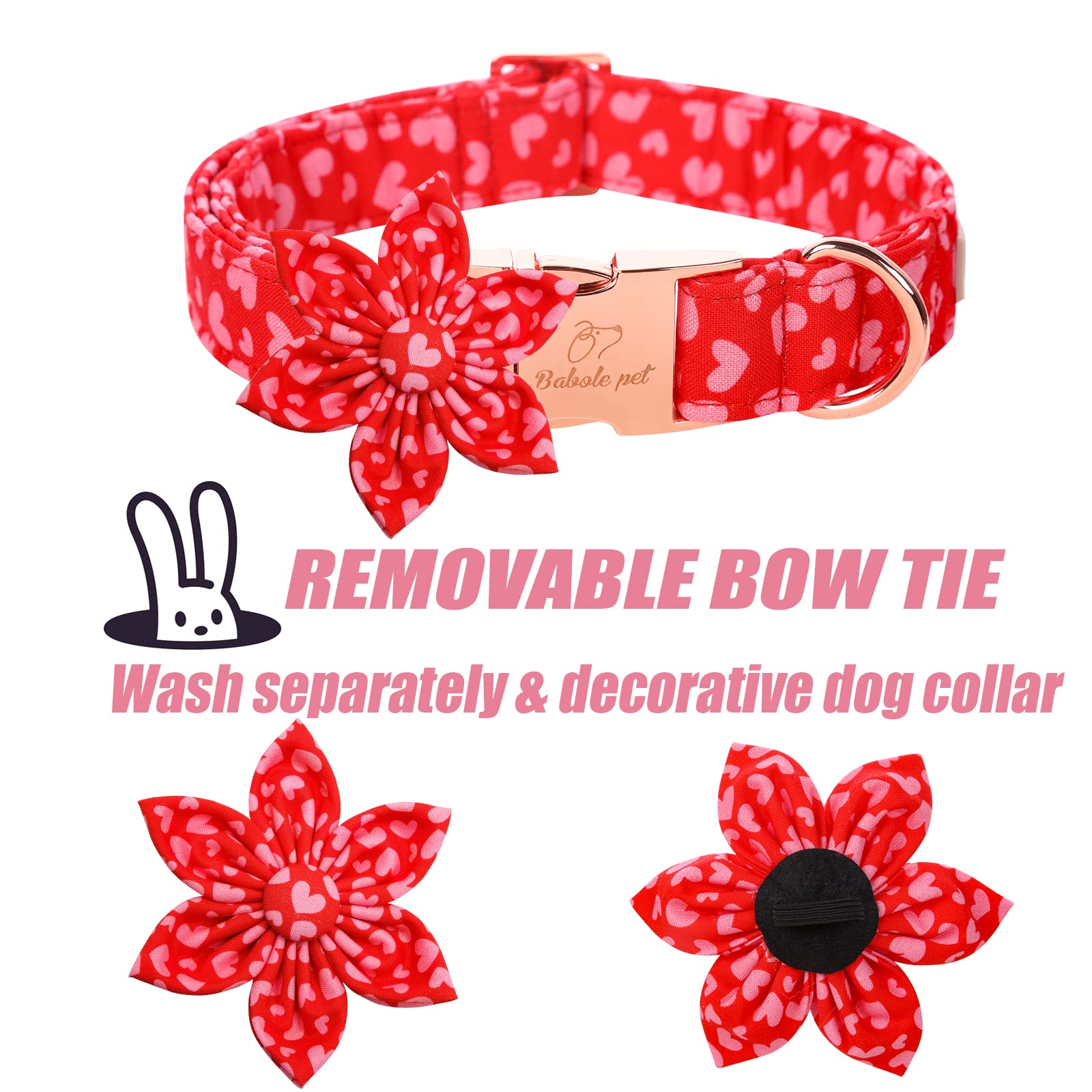 Babole Pet Valentine'S Day Dog Collar With Flower Tie, Pink Red Love Male Dog Collar With Safety Metal Buckle Adjustable Puppy Collars For Small Medium Large Boy & Girl Dog,Xs-Neck 8'-12'