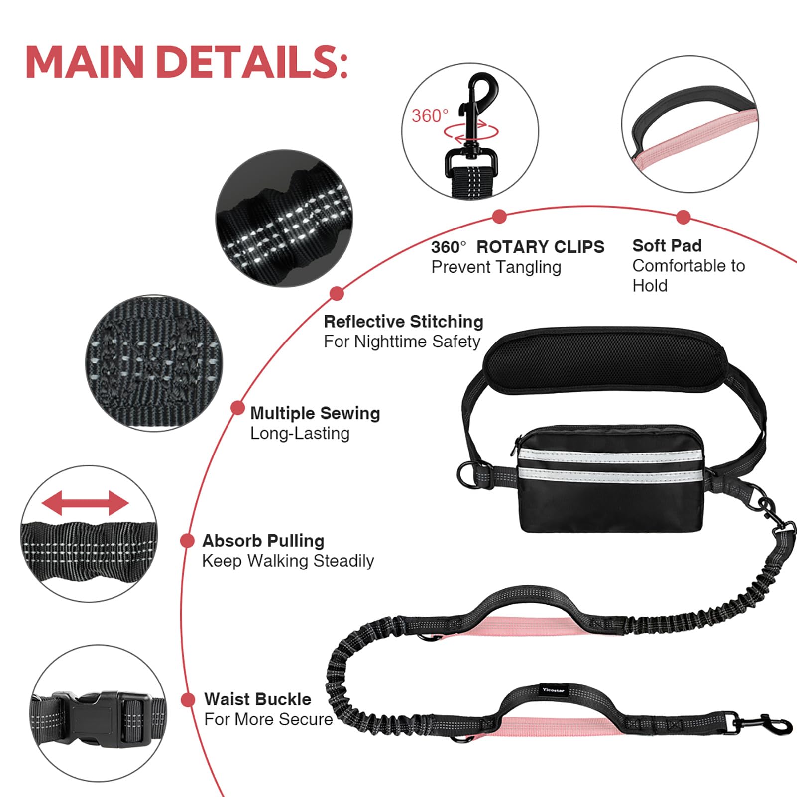 Yicostar Hands Free Dog Leash, Waist Leash For Dog Walking 2 Dogs, Double Dog Leash For Two Dogs With Padded Handles, Dog Leashe