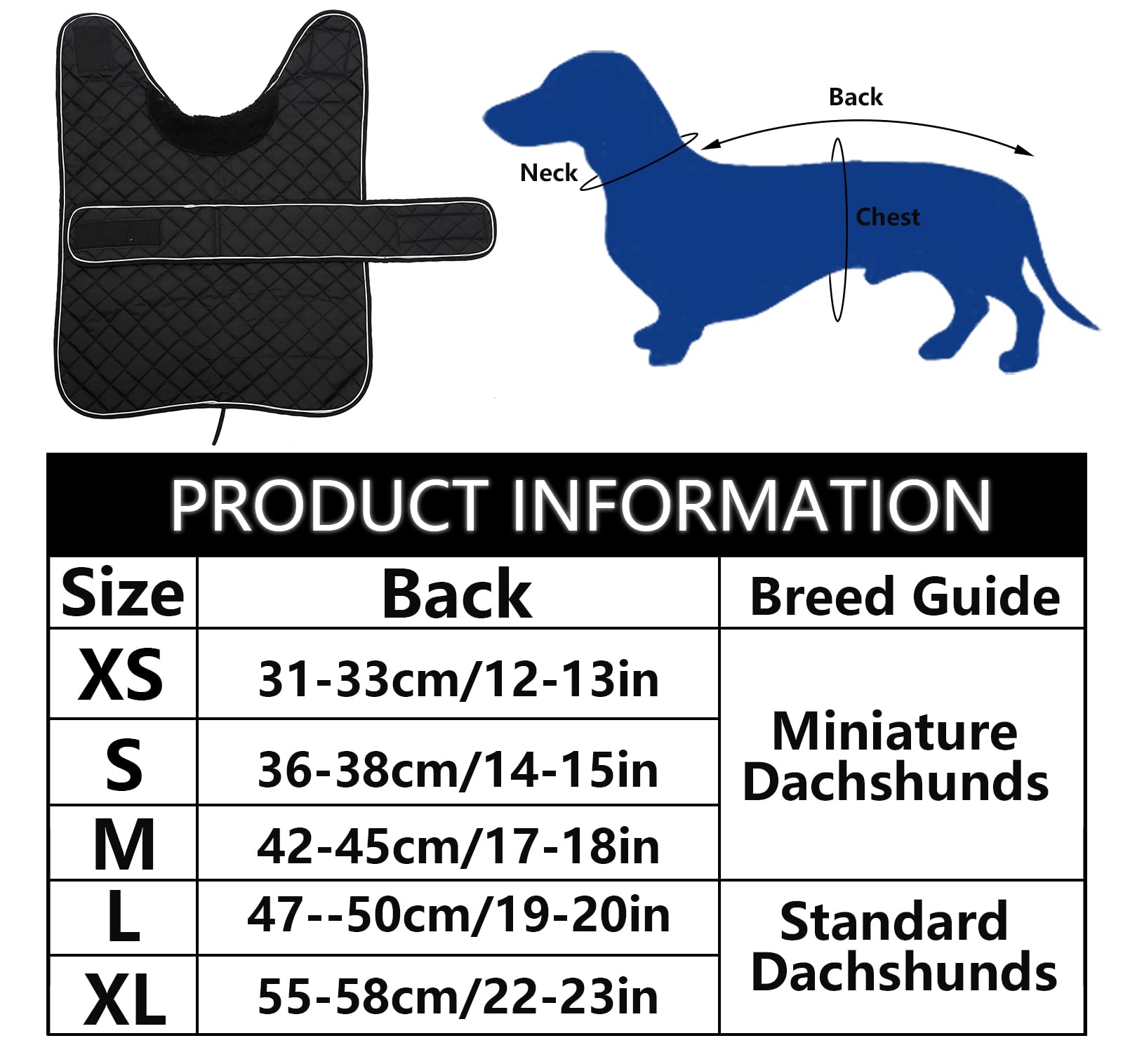 Morezi Dachshund Coats, Dachshund Coat, Coat For Dachshund, Dog Winter Coat With Padded Fleece Lining, Outdoor Dog Apparel With Adjustable Bands - Black - S