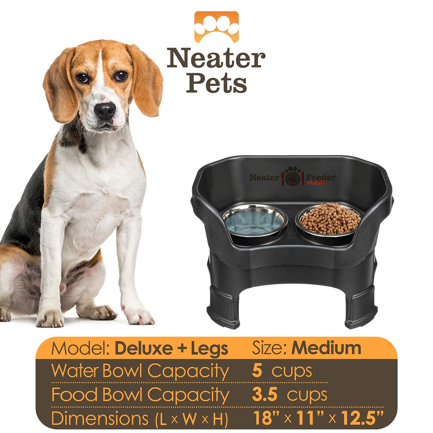 Neater Feeder - Deluxe Model Adjustable Height - Mess-Proof Dog Bowls (Medium, Midnight Black) - Made in USA - Elevated, No Spil