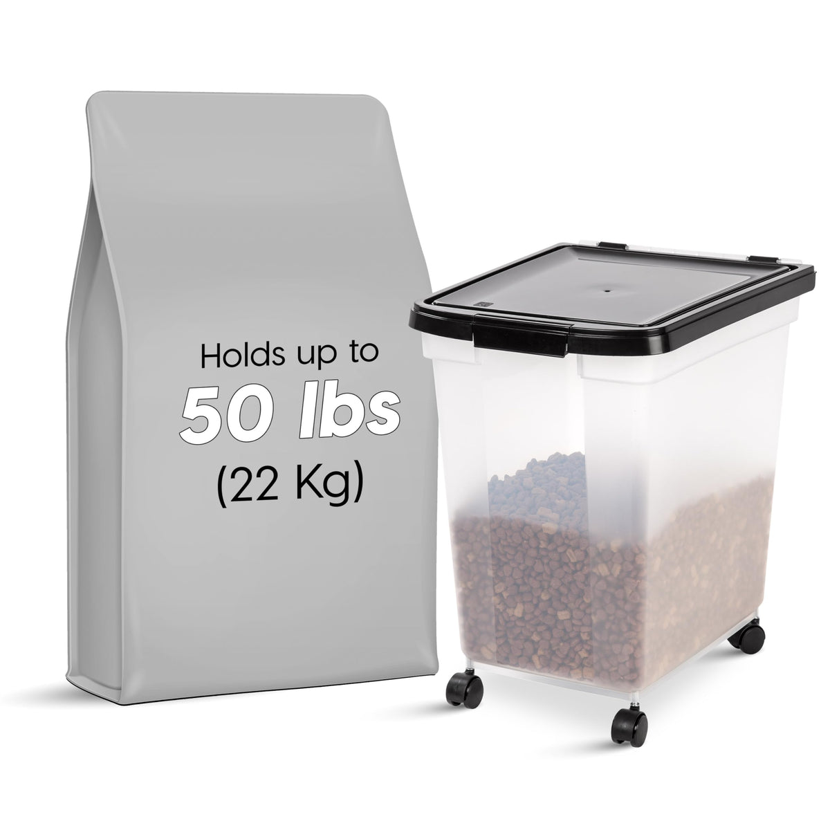 Iris Usa Weatherpro Airtight Dog Food Storage Container, Up To 50 Lbs, Removable Wheels, For Dog Cat Bird And Other Pet Food Storage Bin, Keep Fresh, Translucent Body, Easy Mobility, Clear/Black