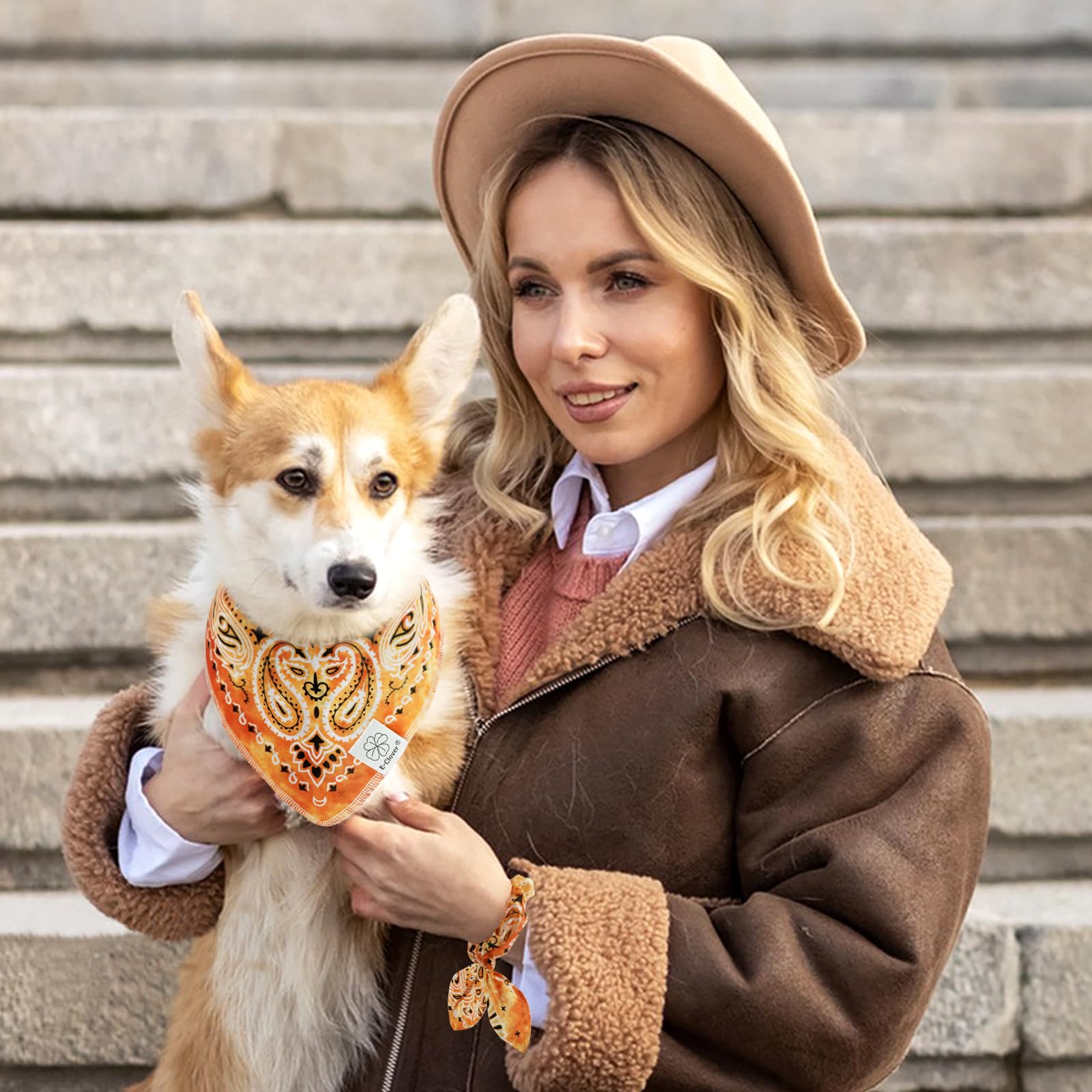 E-Clover Fall Dog Bandana & Matching Scrunchie-Tie Dye Dog Bandanas Boy Pet Scarf Bib For Small Dogs Puppy Owner Mom Gift Orange