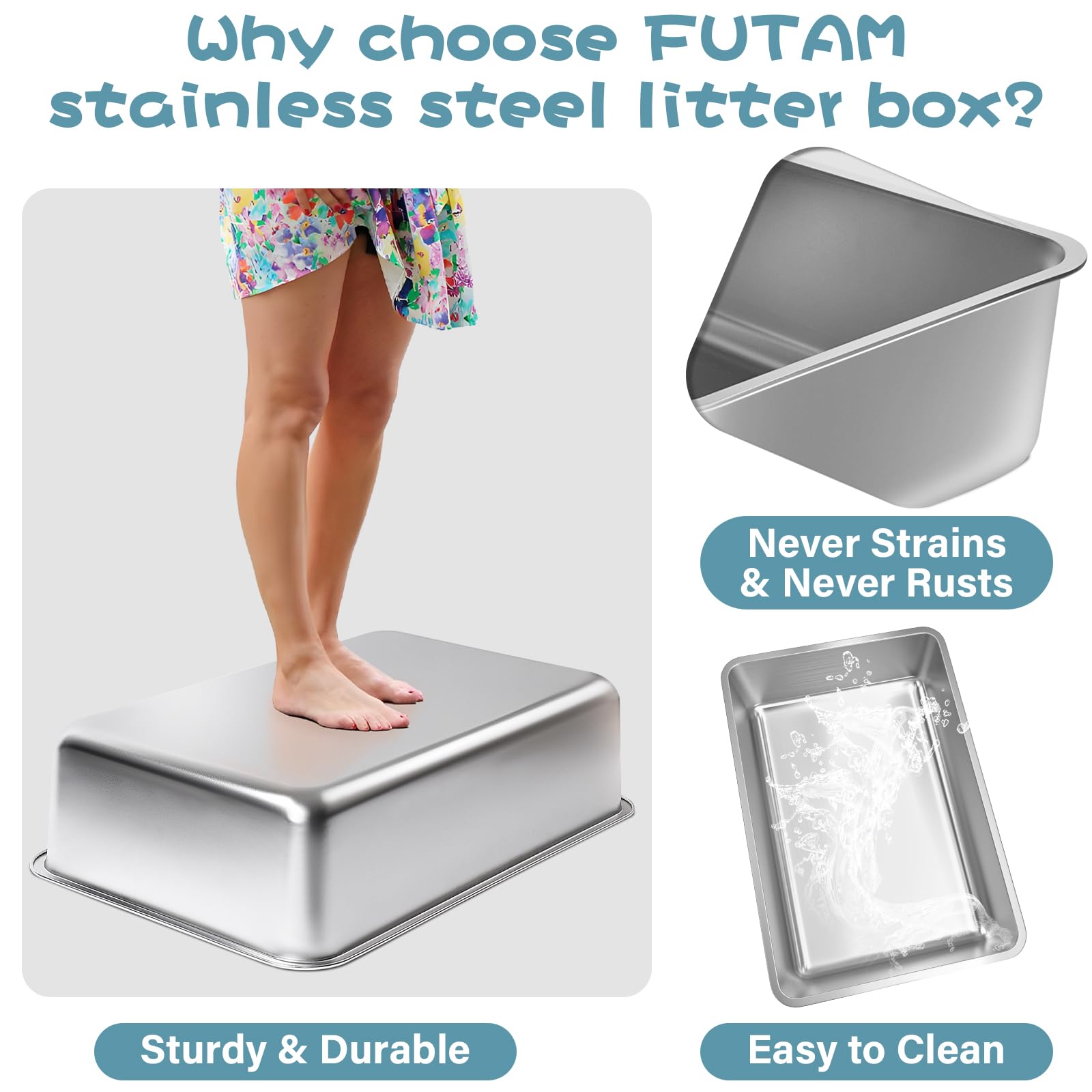 Futam 2 Pack Stainless Steel Cat Litter Box, 23.6''X15.8''X8'' Xxl Stainless Steel Litter Box 8 Inch Deep, Extra Large Metal Lit
