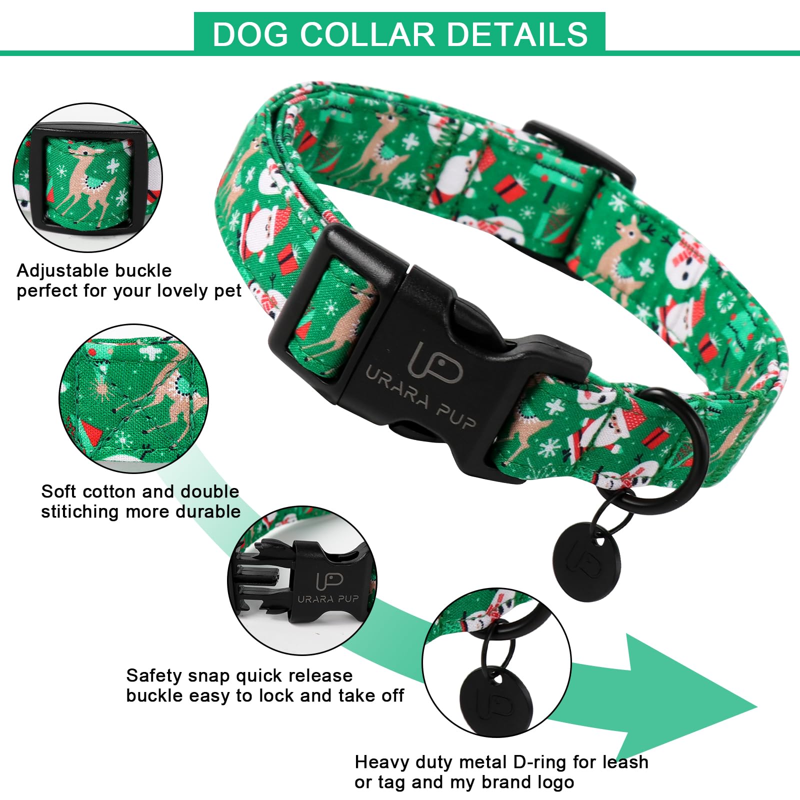 Up Urara Pup Christmas Santa Claus Dog Collar, Cute Christmas Elk Collar For Puppy Girl Boy Dog, Adjustable Christmas Green Dog