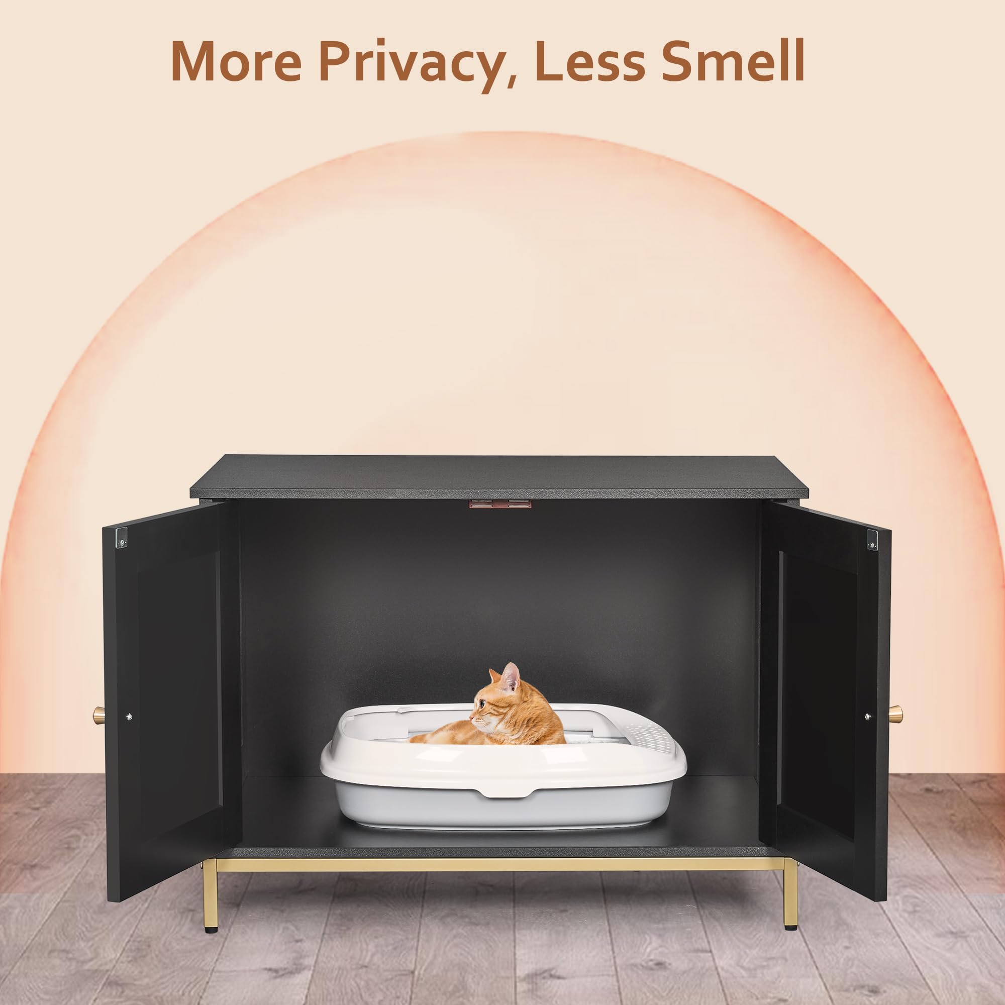 Homhedy Cat Litter Box Enclosure - Modern Black & Gold Pet House, Engineered Wood, 28.3"L x 17.7"W x 21.7"H, Model CL