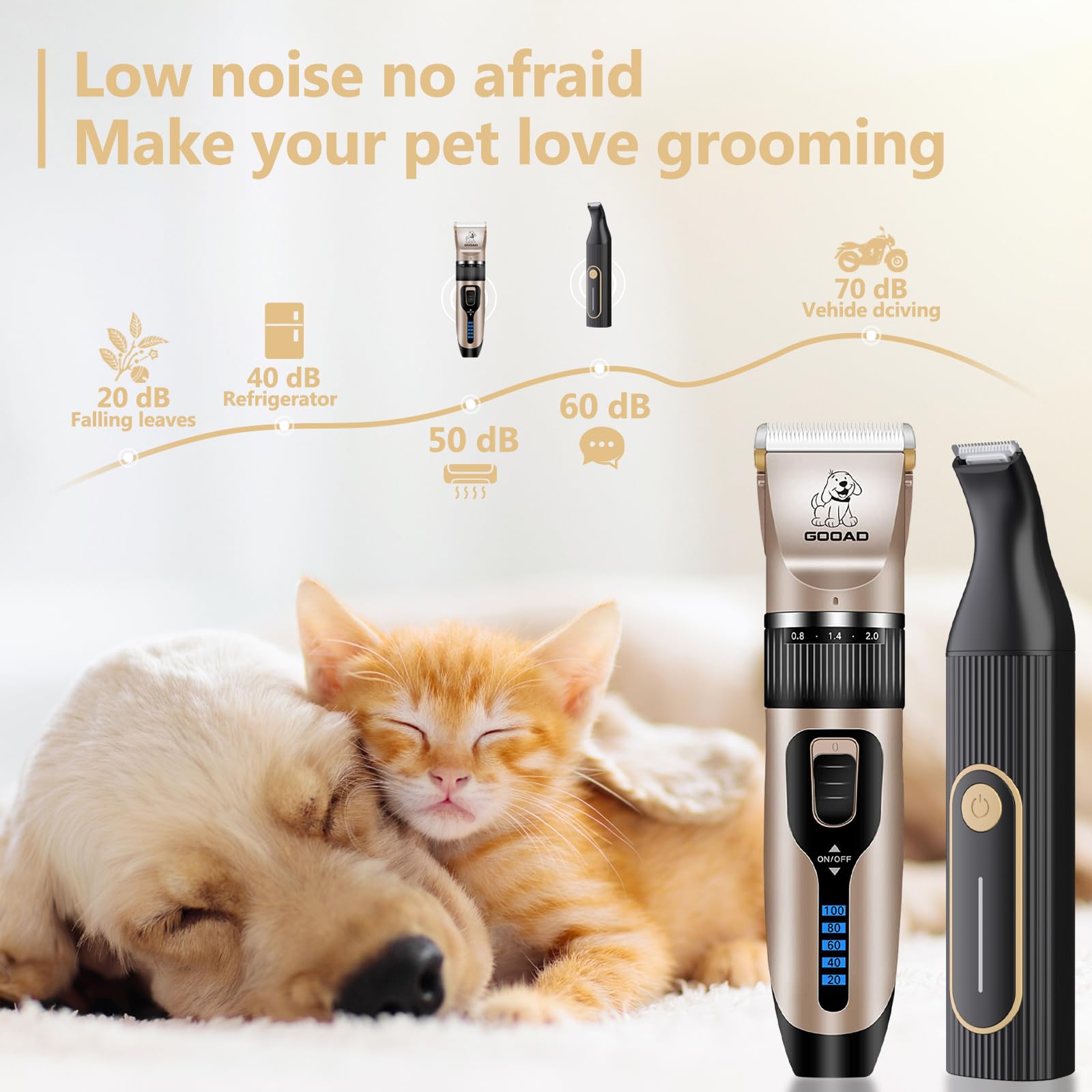 Gooad Dog Clippers - Low Noise Rechargeable Cordless Grooming Kit for Heavy Coats - Gold & Black