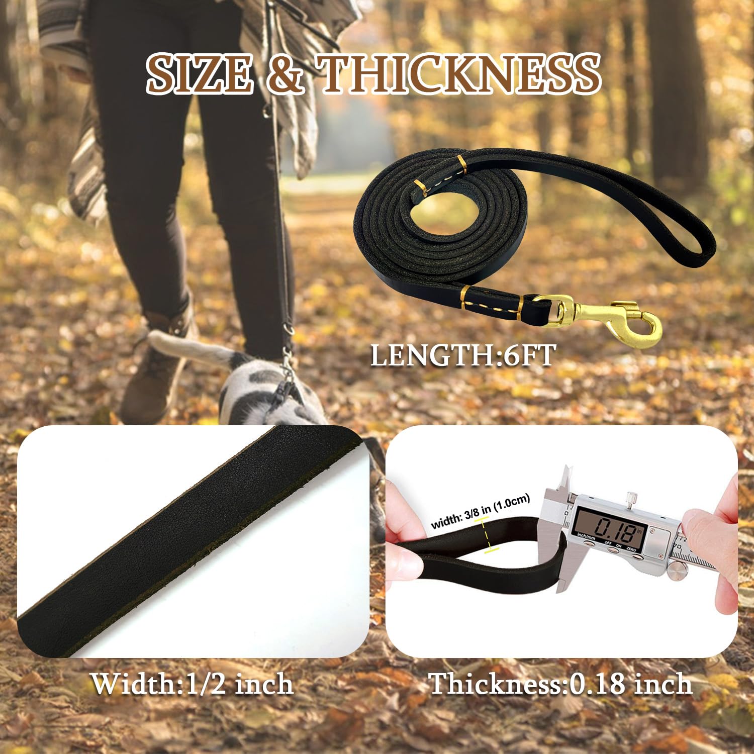 Lwbmg Leather Dog Leash For Small & Medium Dogs - 6Ft Soft Genuine Leather, 3/8'' Width, Black