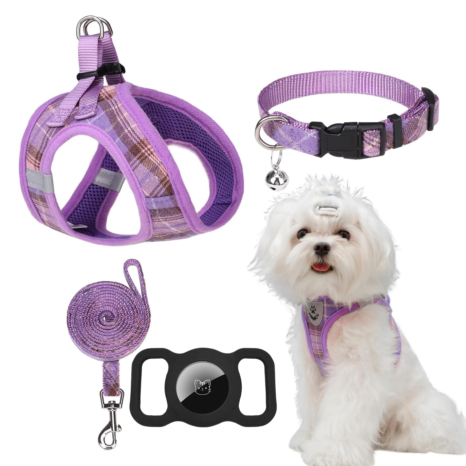 Expawlorer Classic Plaid Puppy Harness - Small Dog Harness And Leash Set - Dog Collar And Leash Set With Airtag Holder, Soft Padded Step In Dog Vest Harness No Pull Reflective For Outdoor, Purple S
