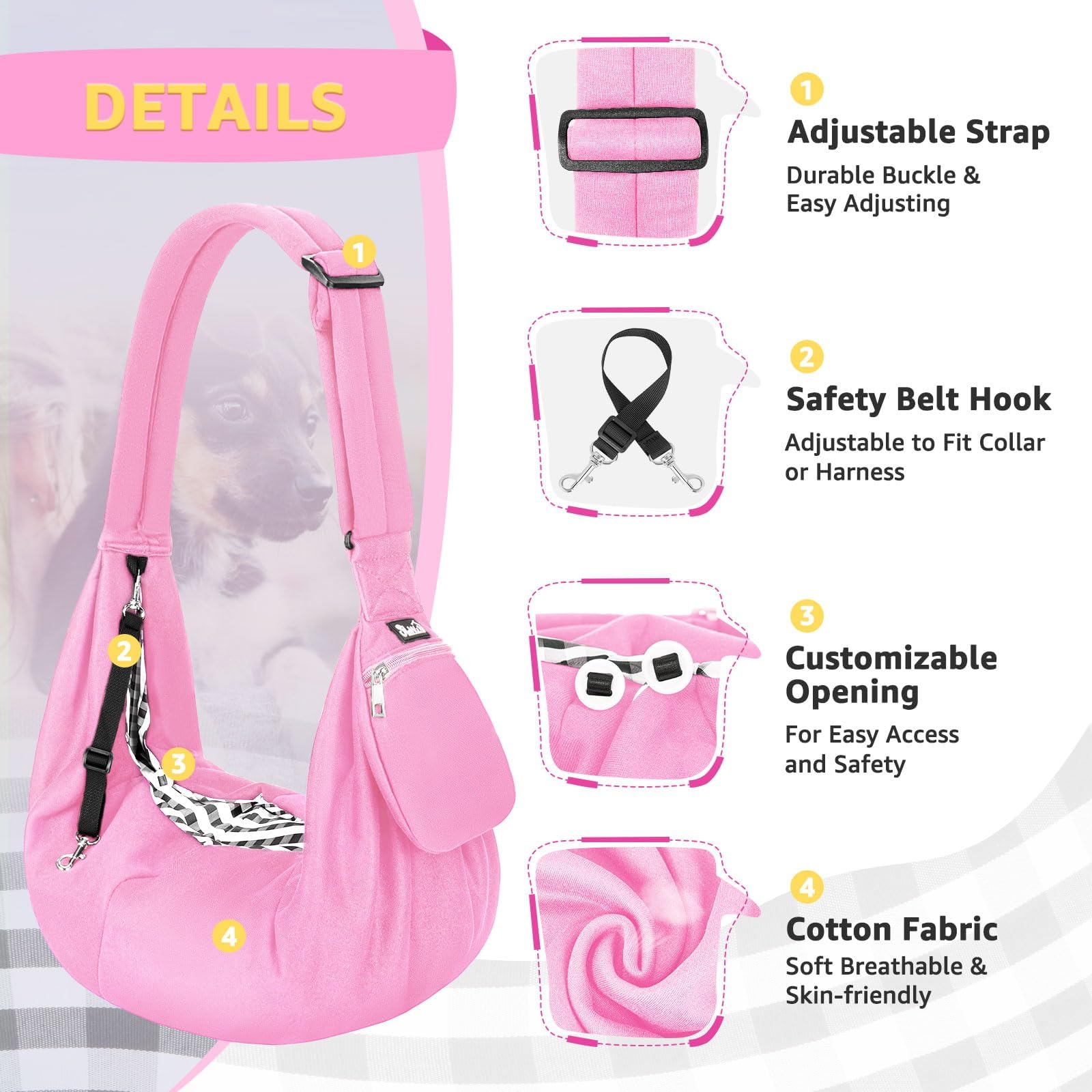 Lukovee Pet Sling, Hand Free Dog Sling Carrier Adjustable Padded Strap Tote Bag, Shoulder Bag with Safety Belt & Front Pocket fo