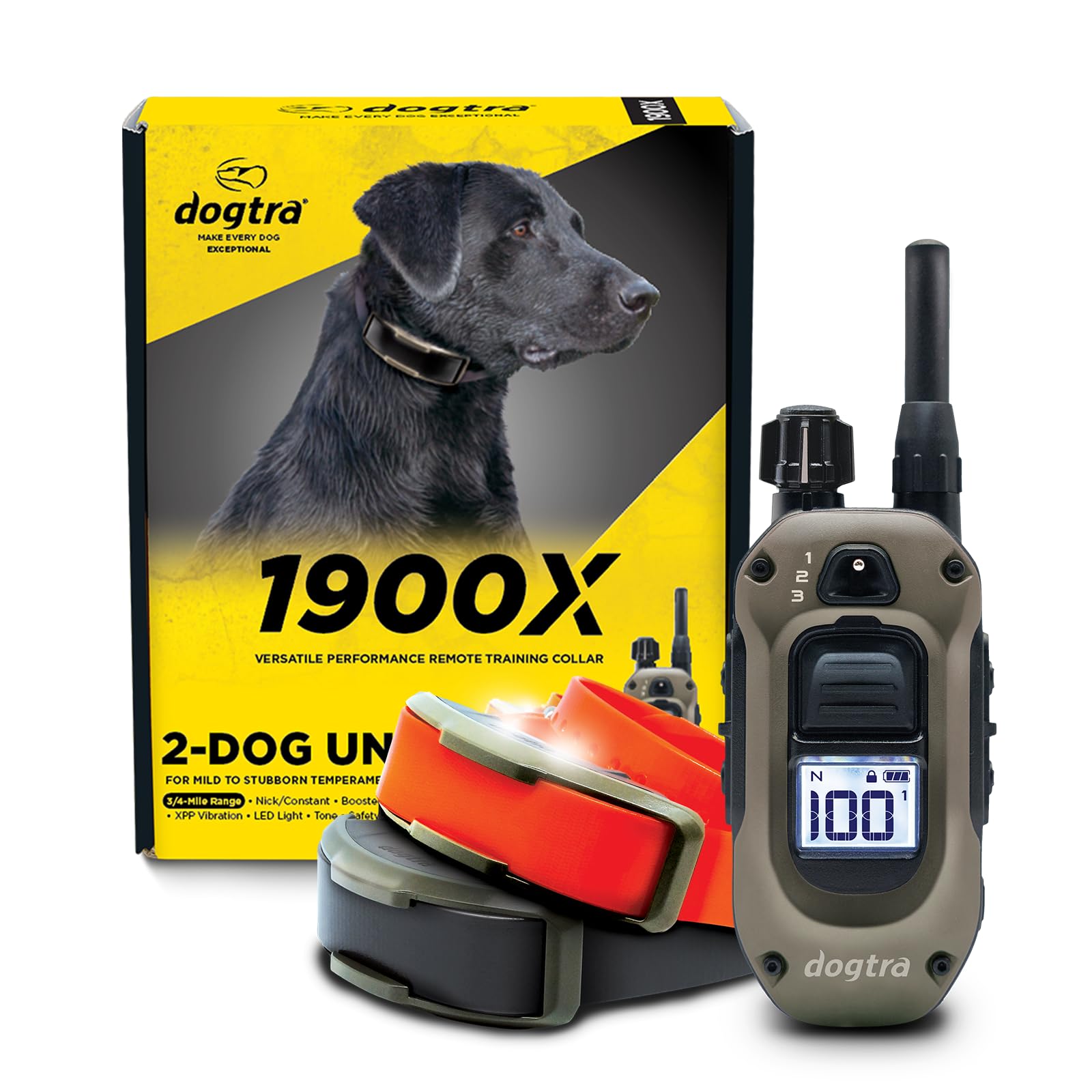 Dogtra 1900X 2-Dogs E-Collar with Remote - 3/4 Mile Range, 35 lbs+, LED Light, 100 Levels Control for Stubborn Dogs, Waterproof,