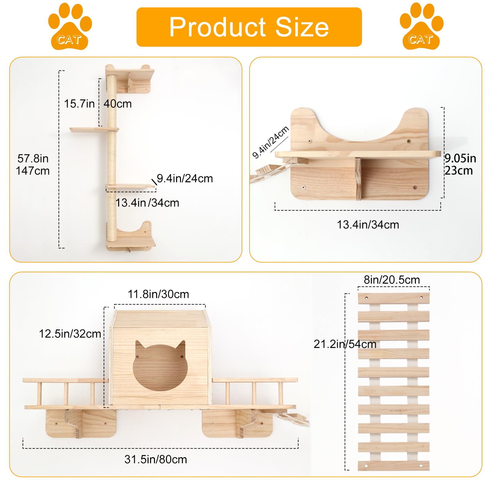 Cat Shelves For Wall, Climbing Shelves Wall-Mounted Furniture Set, Shelf With 1 House, 1 Bridge Ladder, 3 Scratching Posts And 5