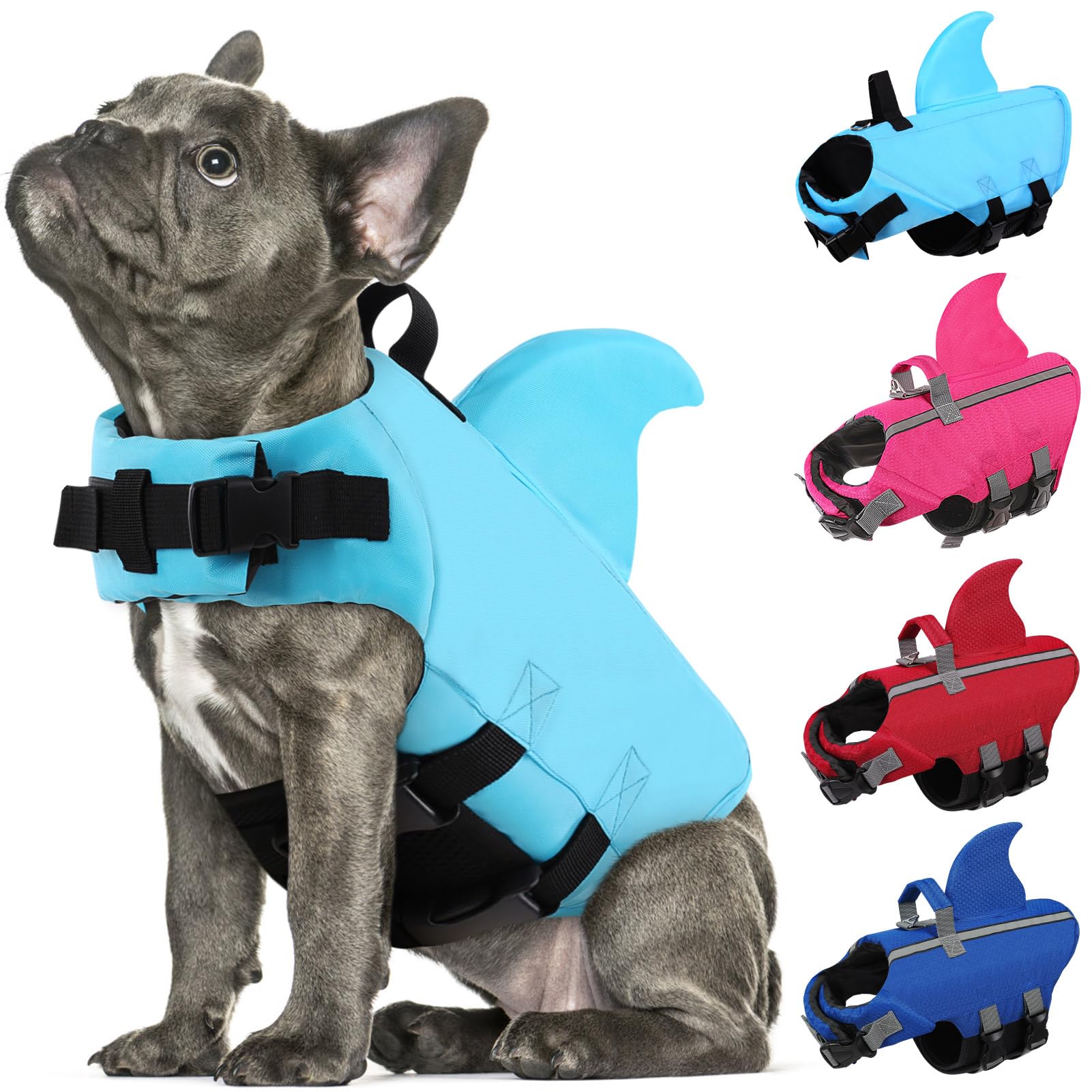 Sunfura Dog Swimming Vest, Adjustable Dog Life Jacket For Boating Pool, High Flotation Puppy Safety Swimsuit Pet Life Preserver With Reflective Strips For French Bulldog, Blue L