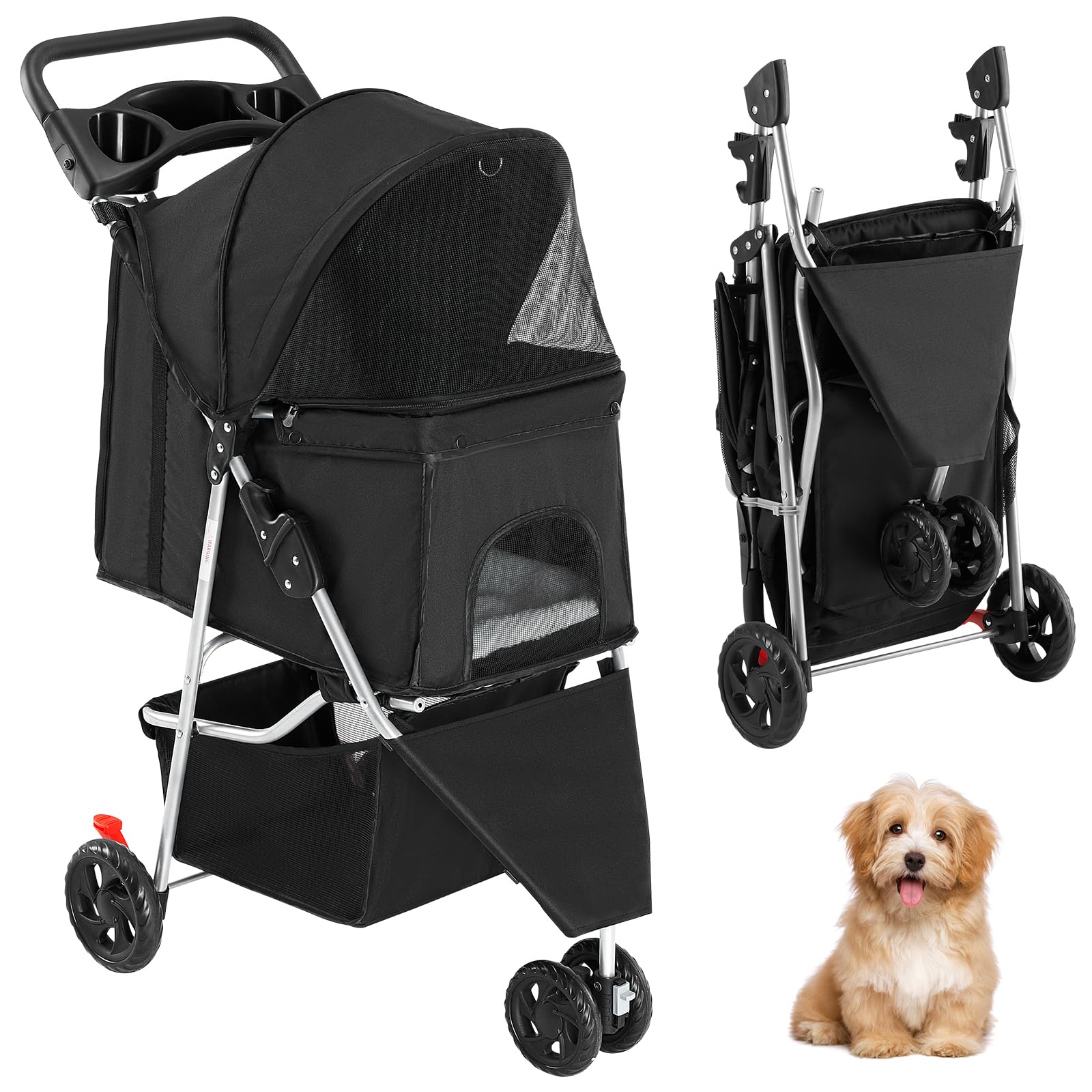 KMFurnila 3 Wheel Pet Stroller for Dogs and Cats, Foldable, Lightweight and Durable, Ideal for Small to Medium Pets, Includes St