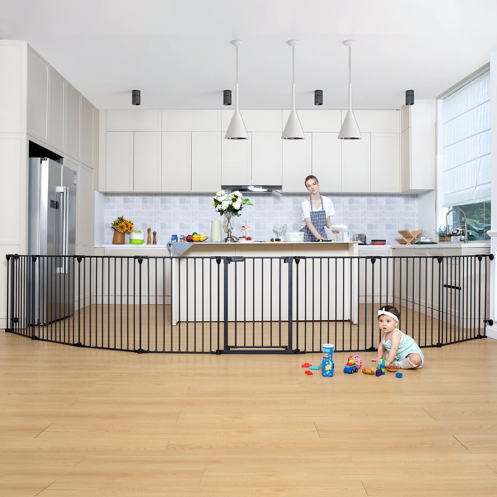 COMOMY 198 Baby Gate Extra Wide, Dog Gate Pet Gate for House Stairs Doorways Fireplace, 3 in 1 Play Yard Child Safety Gate, Auto
