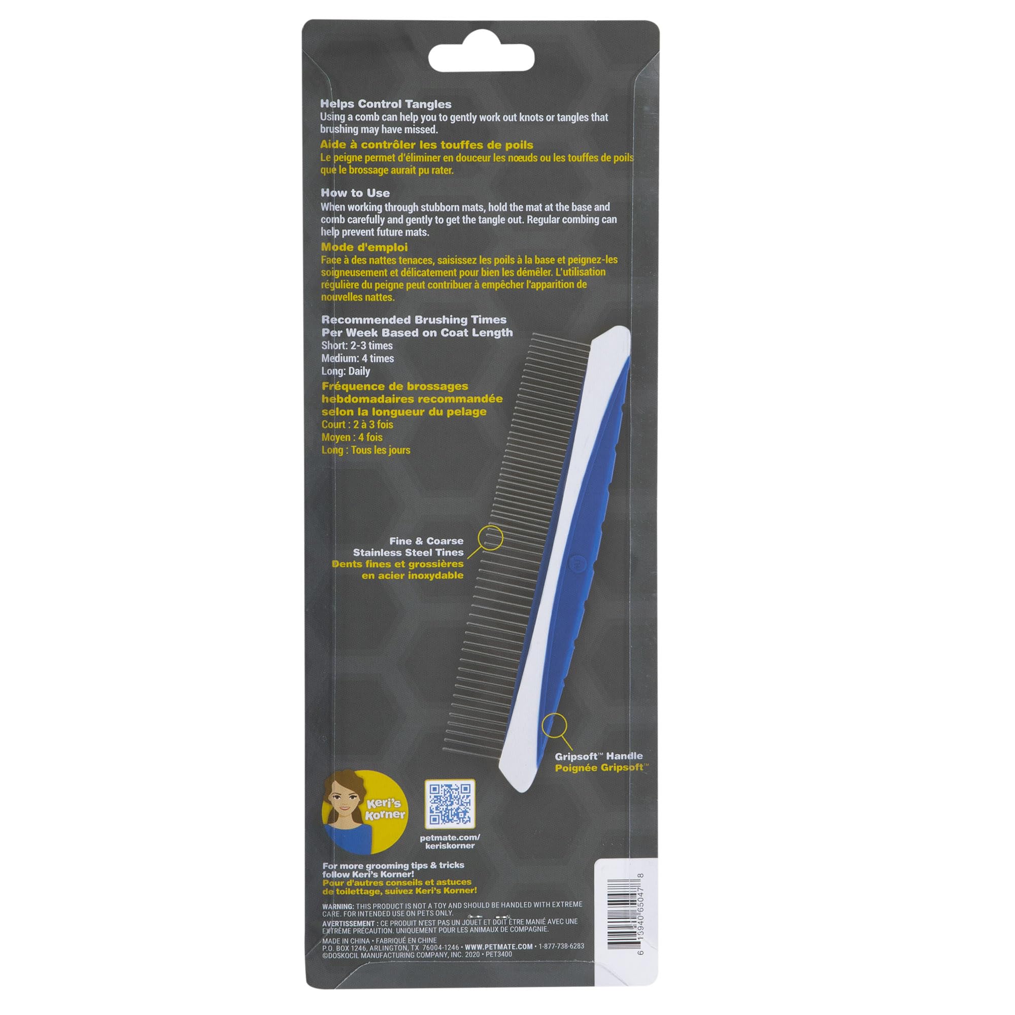 JW Pet Company 8-Inch Gripsoft Rotating Comfort Comb, Fine and Coarse,Gray/Yellow