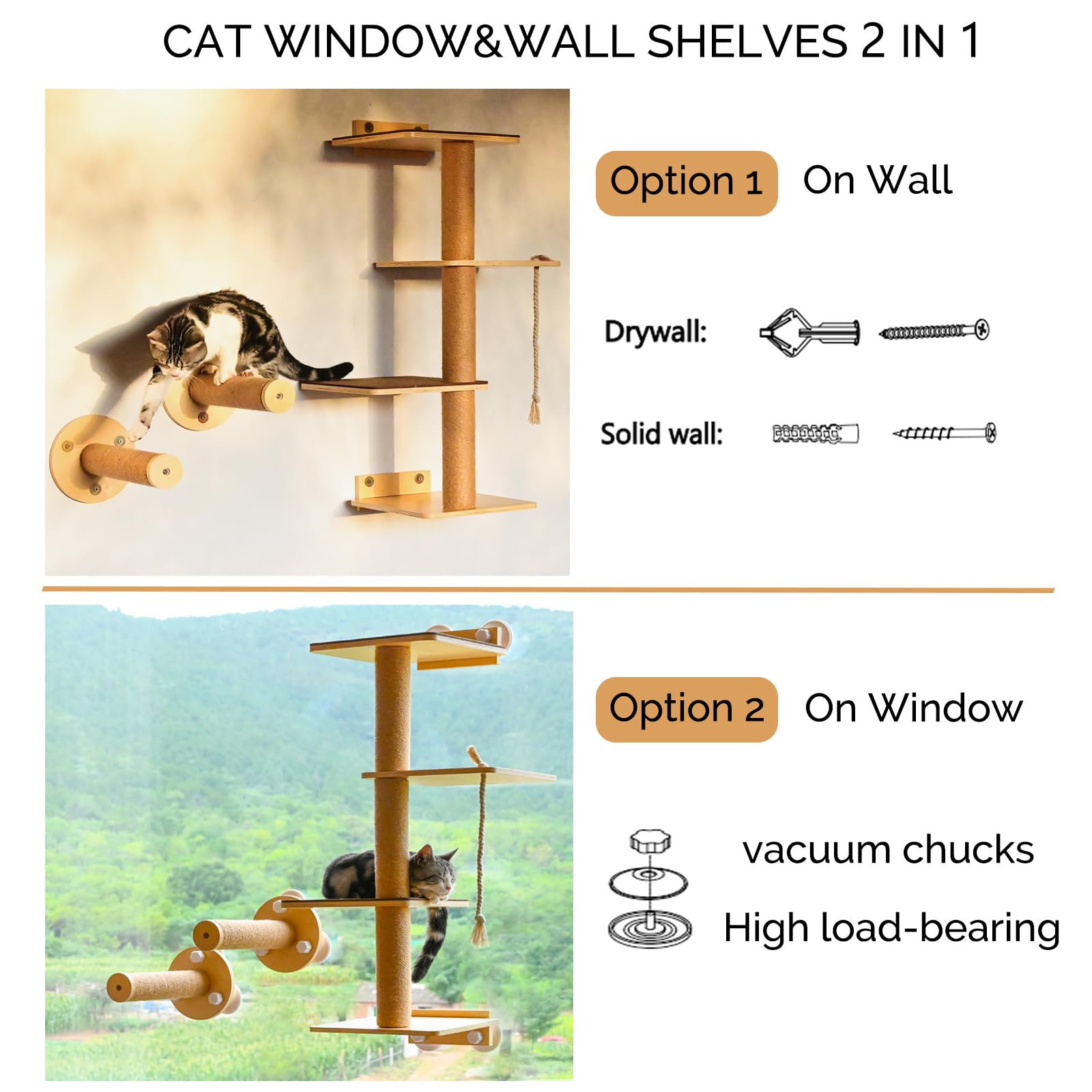 Cat Window Perch And Cat Wall Shelves 2 In 1 Cat Scratching Activity Tree Wall Mounted, Cat Scratch Post For Cats, Kittens With
