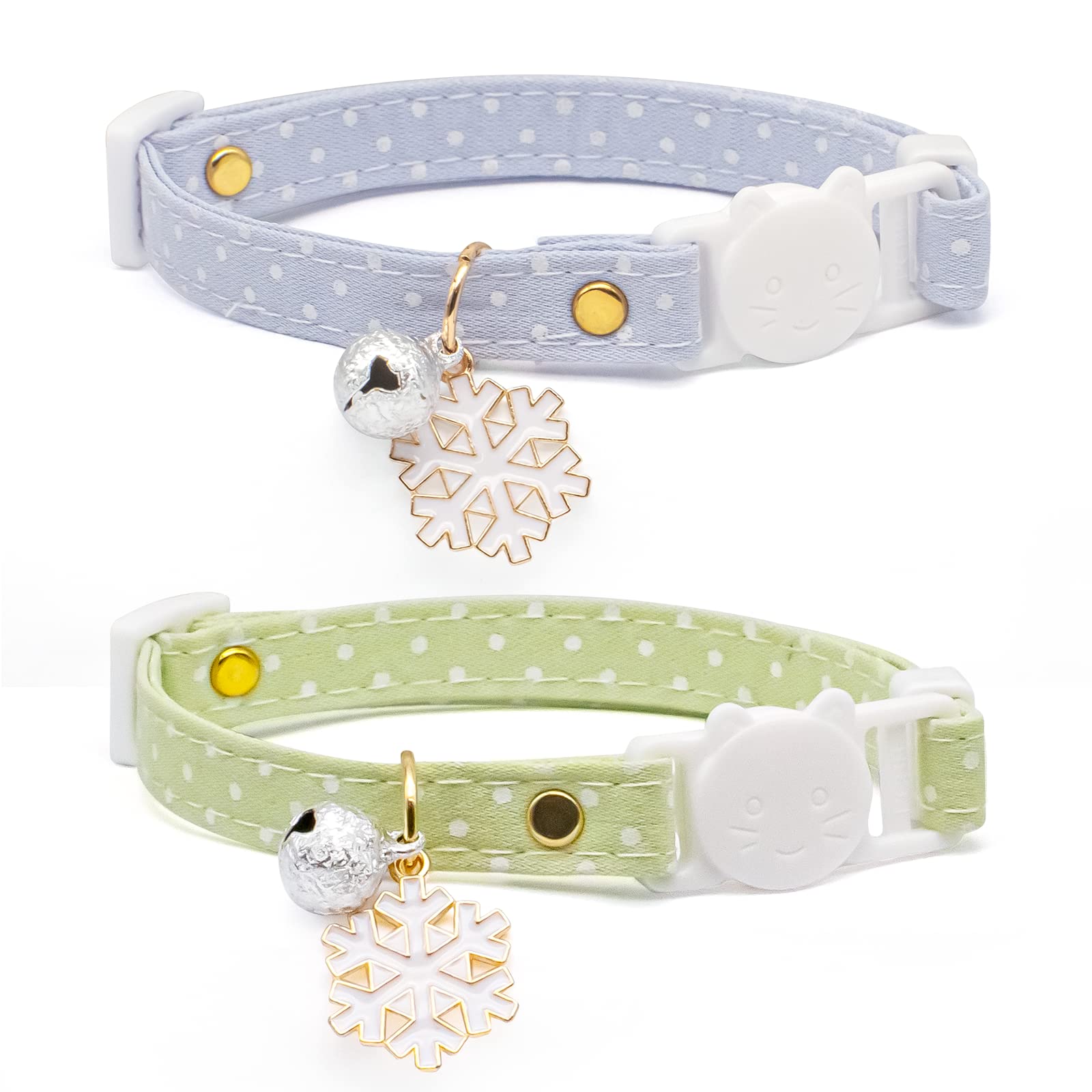 2 Pack Cotton Breakaway Cat Collar With Bell,Green & Blue White Snowflake Pendant Cute Cat Collar Kitten Collar,Ideal For Girl C
